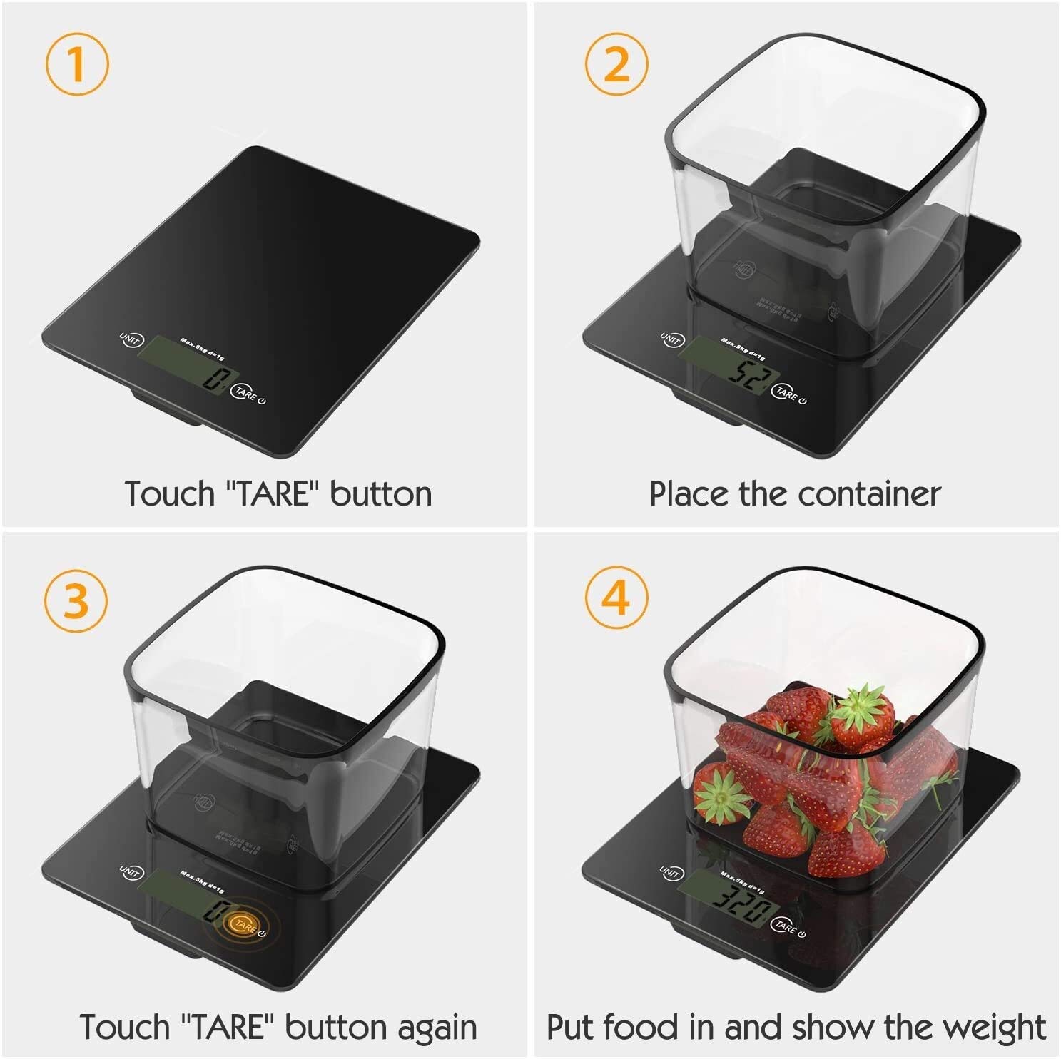 Báscula de Cocina Digital, báscula de Alimentos de Vidrio Templado, báscula de Cocina electrónica de Alta precisión de 11 LB 5 kg con Pantalla LCD, 4 Unidades y función de Tara - Negro