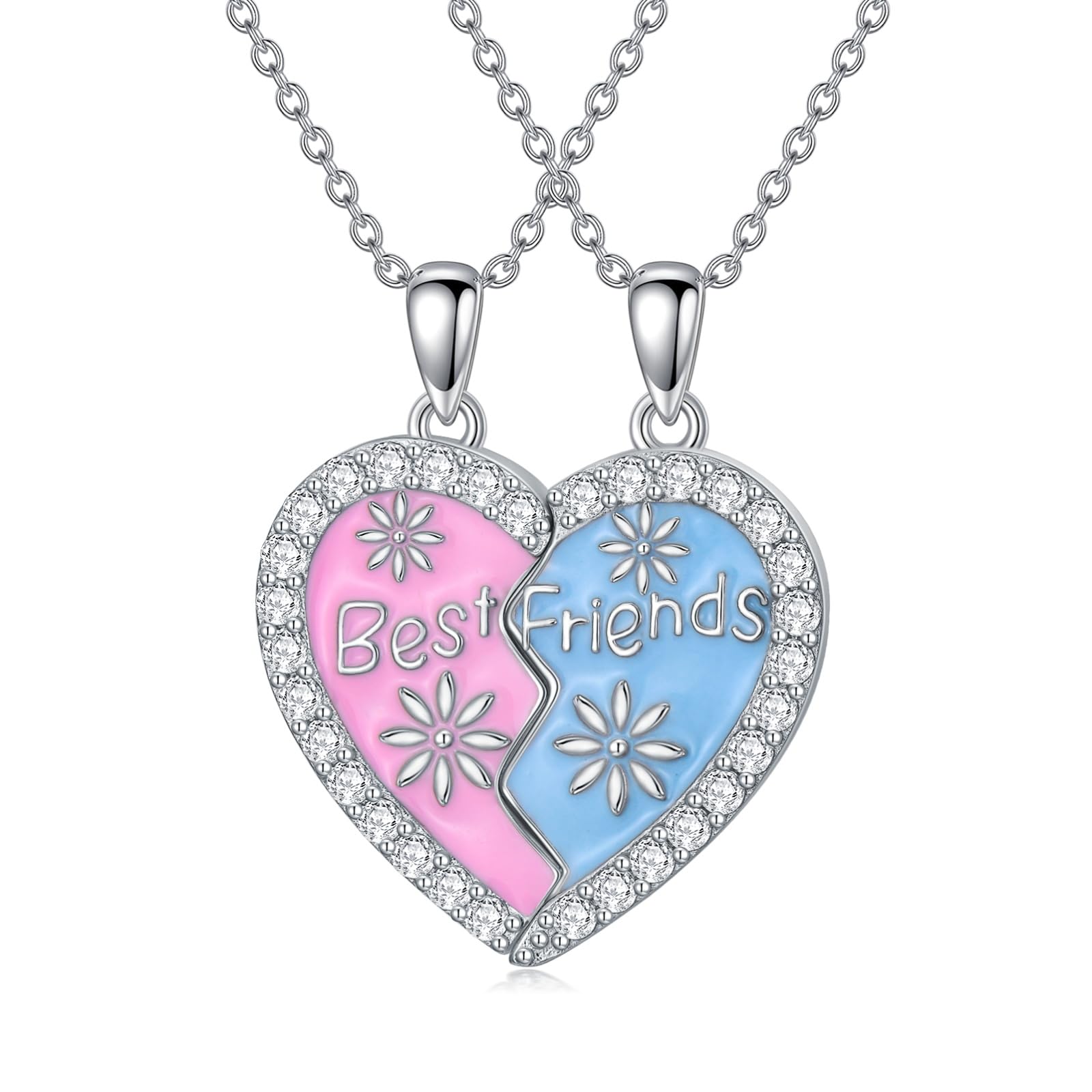 BFF-Halskette für 2, Sterlingsilber, passende Freundschaftsketten mit Herzanhänger, zierlicher Schmuck, Geschenke für die beste Freundin