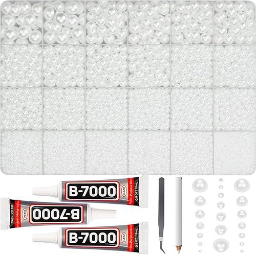 16500Pcs Half Pearls Beads for Crafting, Flat Back White Pearls 2-10mm Flatback Decor Rhinestones Gems Diamond Mixed Sizes Bedazzling for Crafts Bedazzle Decoration Shoes Clothes Decorative B7000 Glue