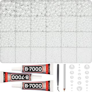 16500Pcs White Half Pearls Beads for Crafting, 2-10mm Mixed Sizes Flat Back Glue On Pearls Rhinestones Gems with B7000 Glue for Crafts Bedazzling Shoes Clothes and More