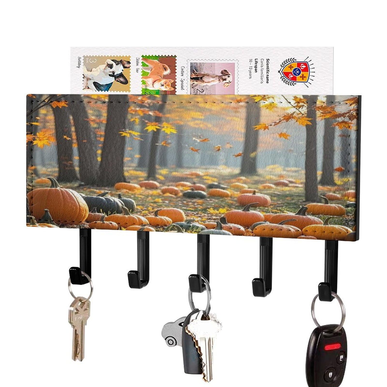 Lzqpoeas Black-Style Orange Pumpkin And Maple Grove Key Holder Wall Mount With Mail Organizer Fashion Adhesive Key Hanger With 5 Hooks No Drill Pu Leather Key Organizer Rack For Entryway Kitchen Hallway Decor