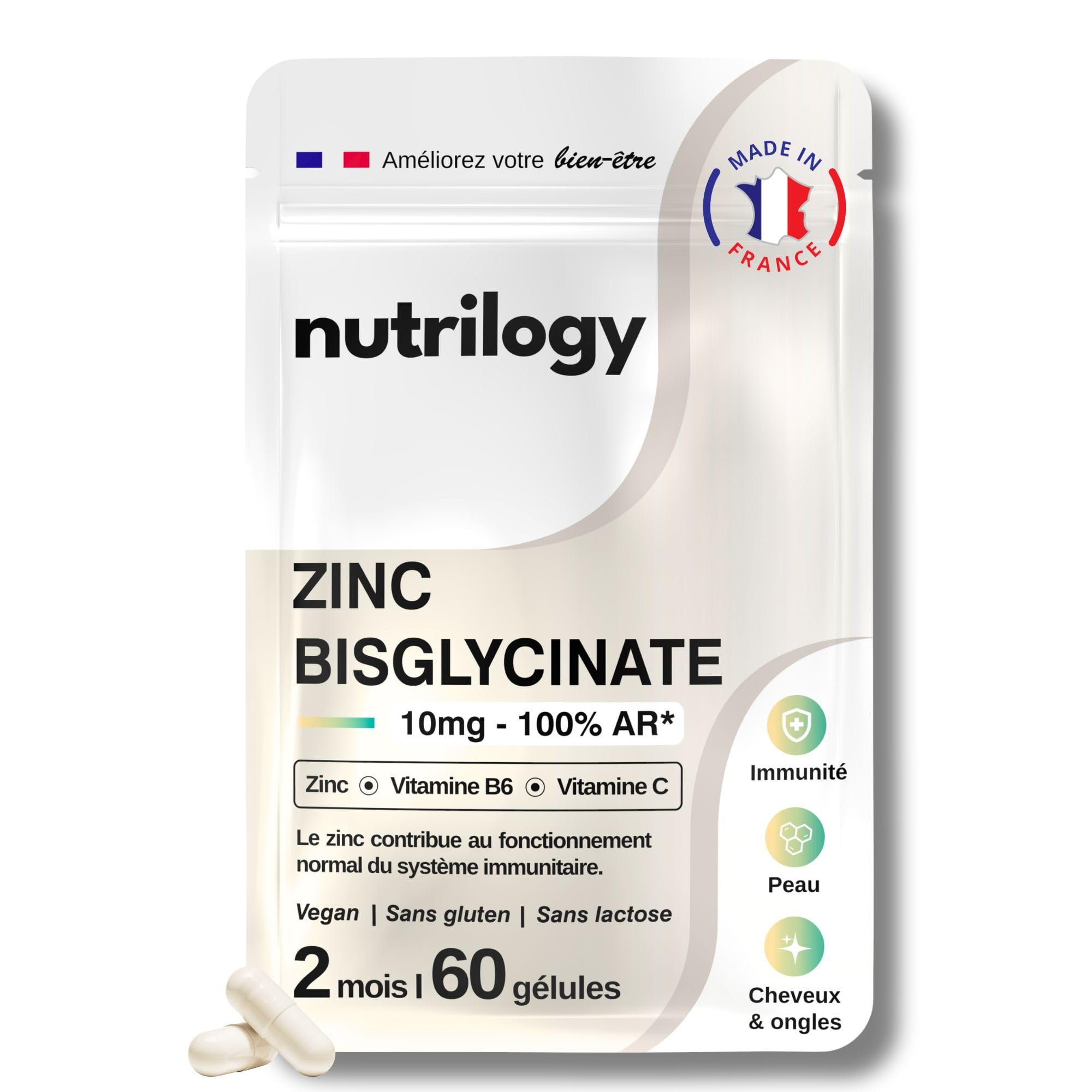 ZINC BISGLYCINATE 10MG NUTRILOGY - HAUTE ABSORPTION & ASSIMILATION OPTIMALE - VITAMINES C ET B6 - IMMUNITÉ, PEAU, CHEVEU