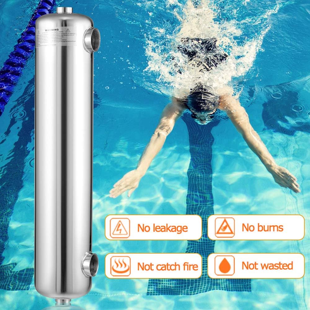 200 kBtu Heat Exchanger, Stainless Steel Swimming Pool Heat Exchanger for Outdoors, Spa, Swimming Pool, Hot Tubs, Solar Heating, Same Side Port 1“ + 1 12” FPT