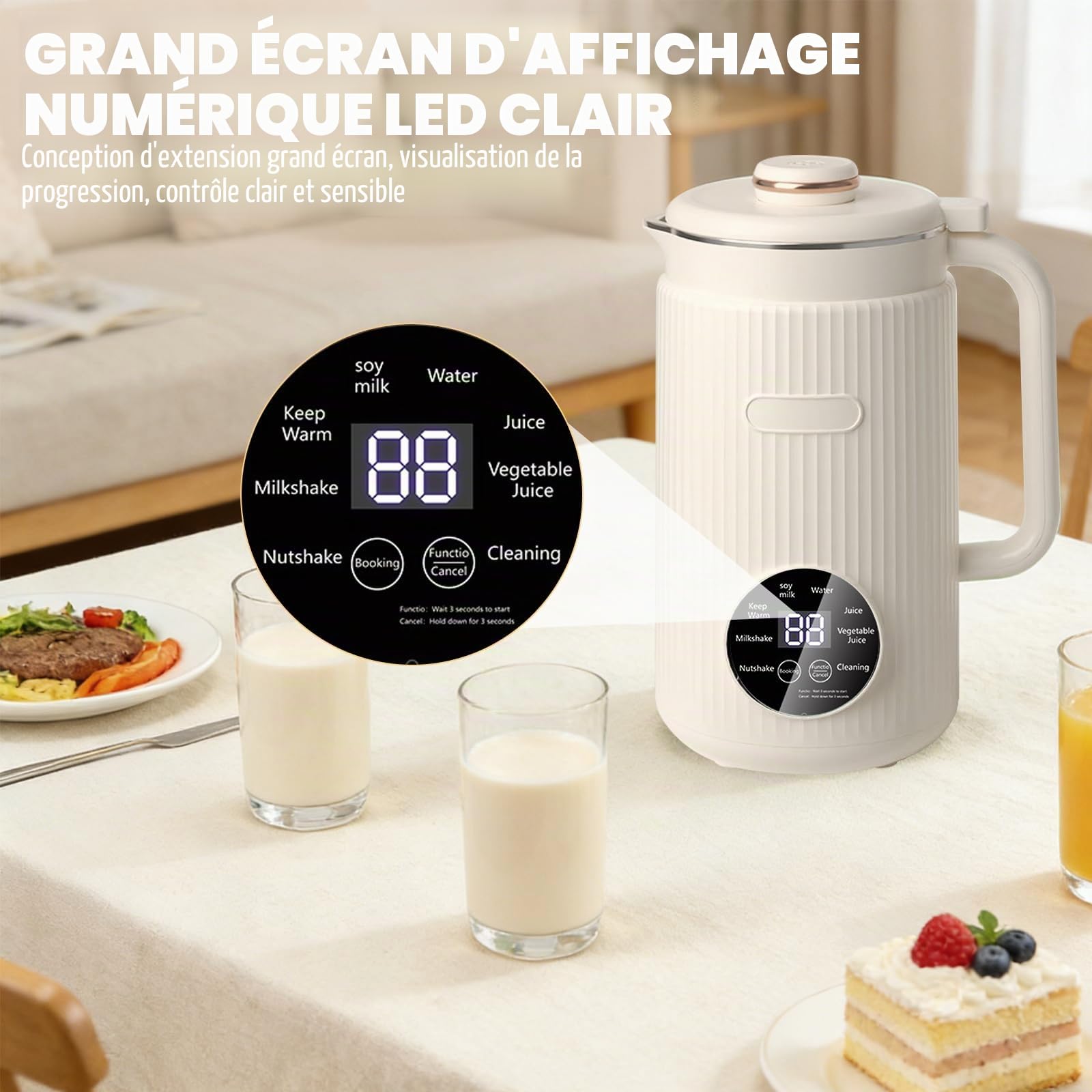 Machine à lait de noix, 1200 ml Machine automatique à lait de soja avec autonettoyage, préparateur de lait végétal 8-en-1 avec minuteur, machine à lait de noix pour lait d'avoine, lait d'amande, lait