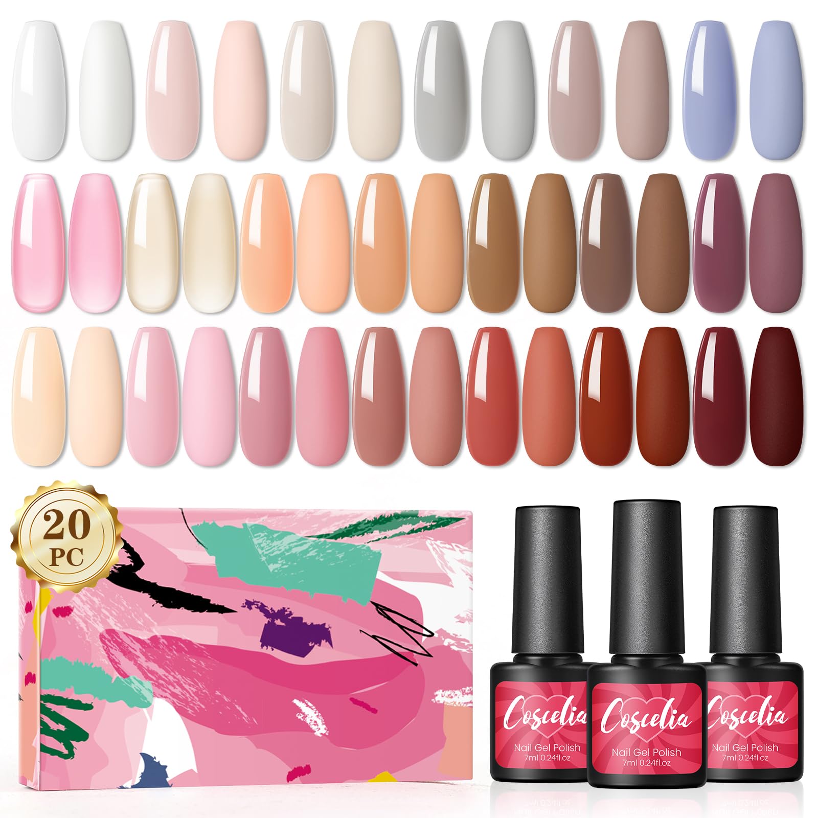 Coscelia Esmaltes Semipermanentes para Uñas, 20 * 7ML Juego de Gel de Uñas Rosa Translúcido Rojo Marrón, Kit Pintauñas Semipermanentes Uñas de Gel U-V LED Esmaltes en Gel Nail Art Manicure Regalo