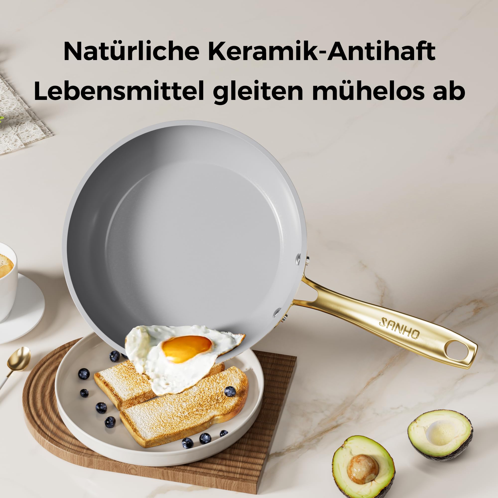 Sanho Keramik Bratpfanne 30 cm | Diamant-Titan Antihaft-Pfanne Induktion | PFAS, PFOA, PTFE, Blei & Cadmium frei | Für alle Herde | Backofenfest bis 260°C & Spülmaschinenfest | Beige Weiß