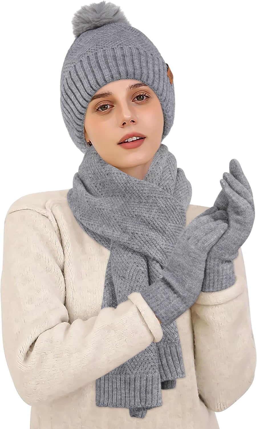 Winter Beanie Hat Scarf Gloves Set for Women Fleece Lined Knit Pom Pom Beanie Neck Scarf Touchscreen Gloves Gift Set
