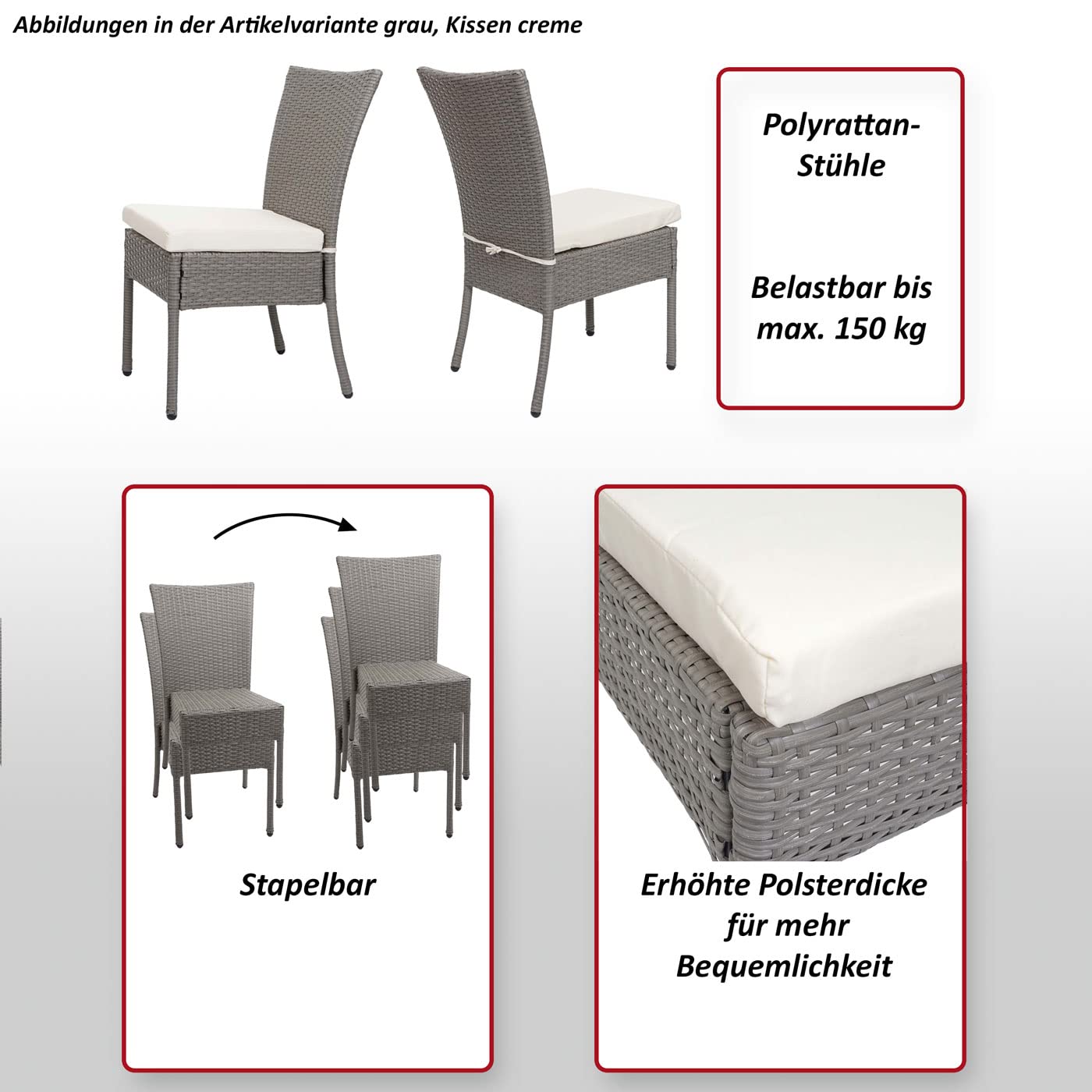 Mendler 2er-Set Poly-Rattan Stuhl HWC-G19, Balkonstuhl Gartenstuhl, stapelbar - grau, Kissen Creme