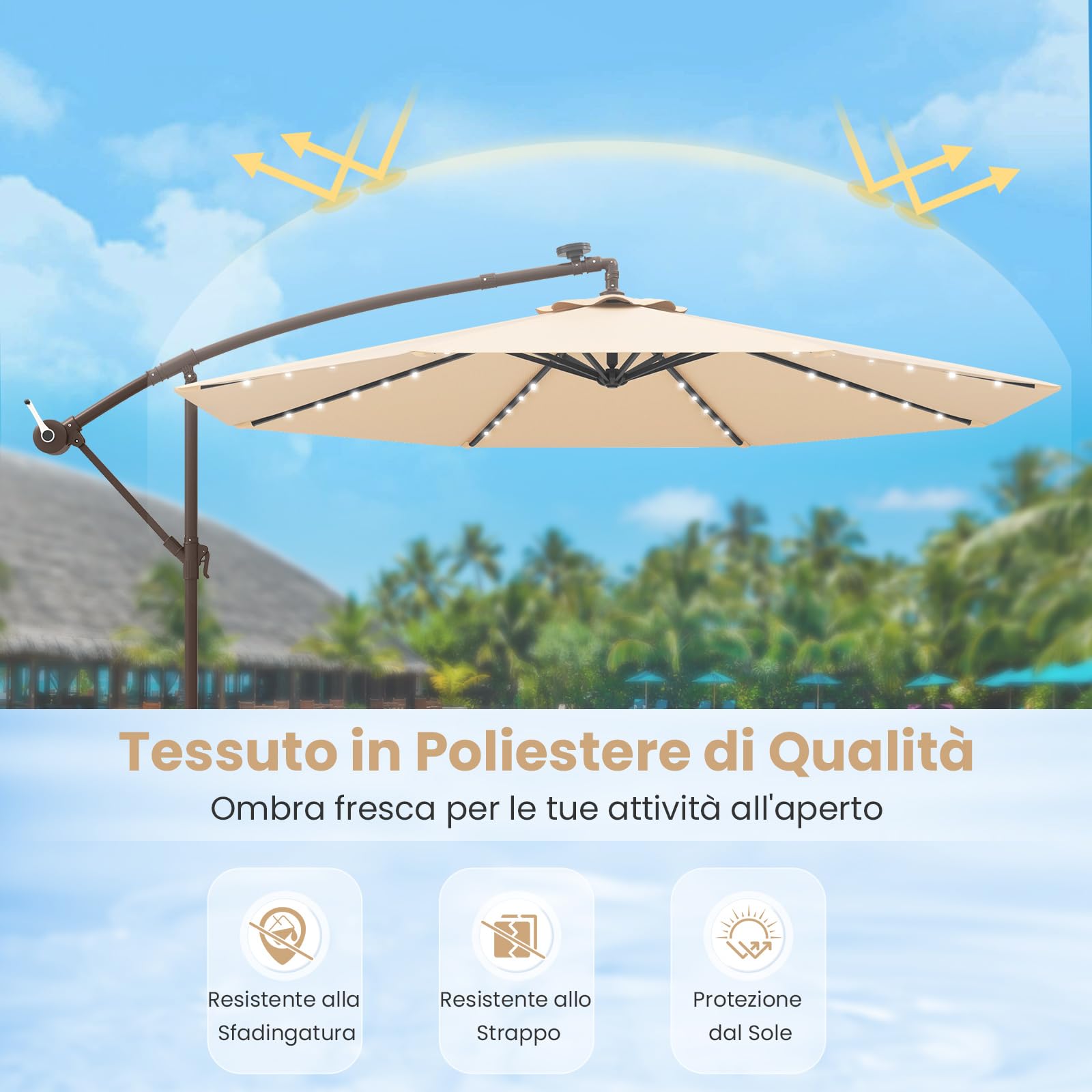 COSTWAY Ombrellone da Giardino 300 cm, Luci LED Solari, Anti-UV, Inclinazione Regolabile, Manovella, Beige