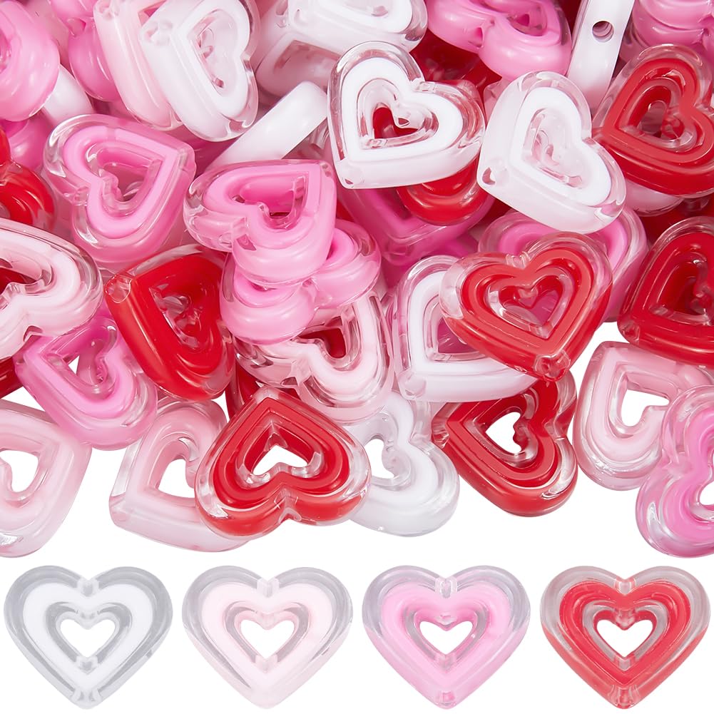 SUNNYCLUE 80Pcs 4 Colors Bead in Bead Hearts Acrylic Heart Beads Bulk Valentine's Day Pink Hollow Love Shaped Loose Bead for Jewellery Making Bracelets Necklaces Father's Day Mother's Day DIY Crafts