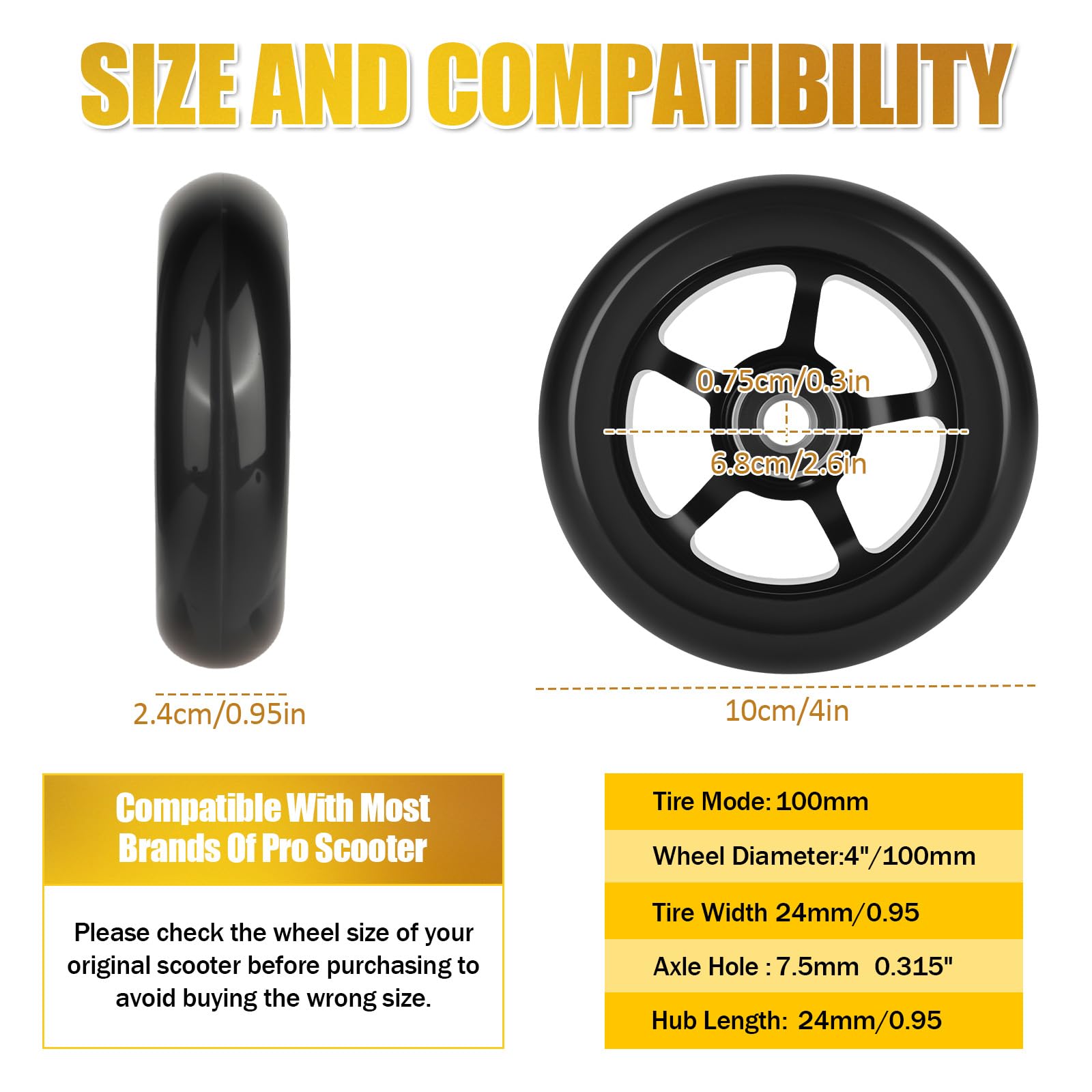 Ruedas para patinete de acrobacias de 100 mm, juego de 2 ruedas de repuesto para patinete de acrobacias con rodamientos ABEC/dureza 88A/neumáticos para patinetes de acrobacias para la mayoría de las — view 2