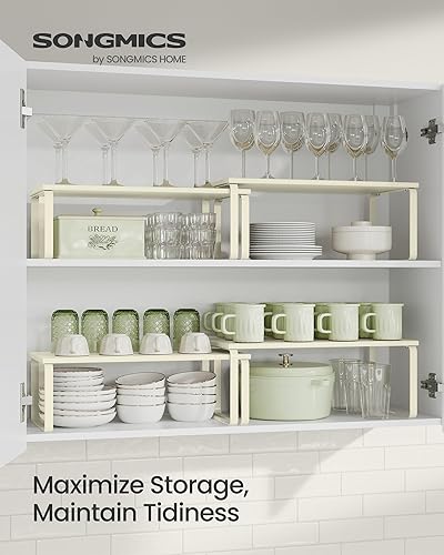 Vista 121 de SONGMICS Estante organizador de gabinete, juego de 2 estantes de encimera de cocina, almacenamiento de cocina, estante de especias, apilable, Blanco