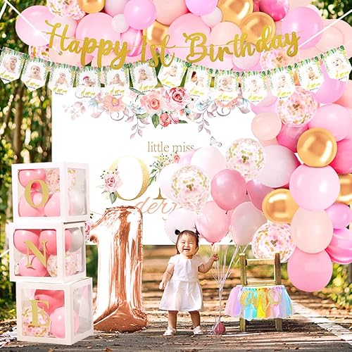 Miniatura 4 de Decoraciones de primer cumpleaños para niña – Las decoraciones de primera niña incluyen arco de guirnalda de globos, caja, telón de fondo, sombrero,