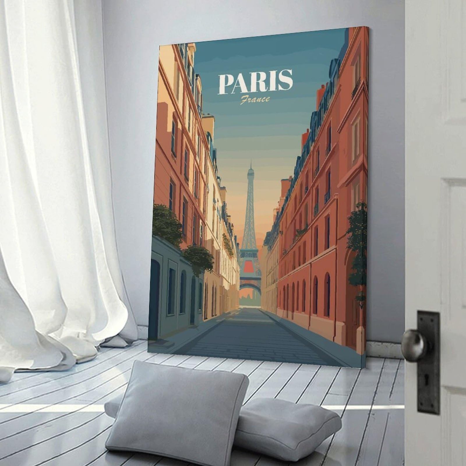 Paris Street Scene with Eiffel Tower Wall Picture Print 24x36inch(60x90cm), for Calm Bedrooms, Home Corners Or Flats, Home Artwork with A Soft Interior Feel