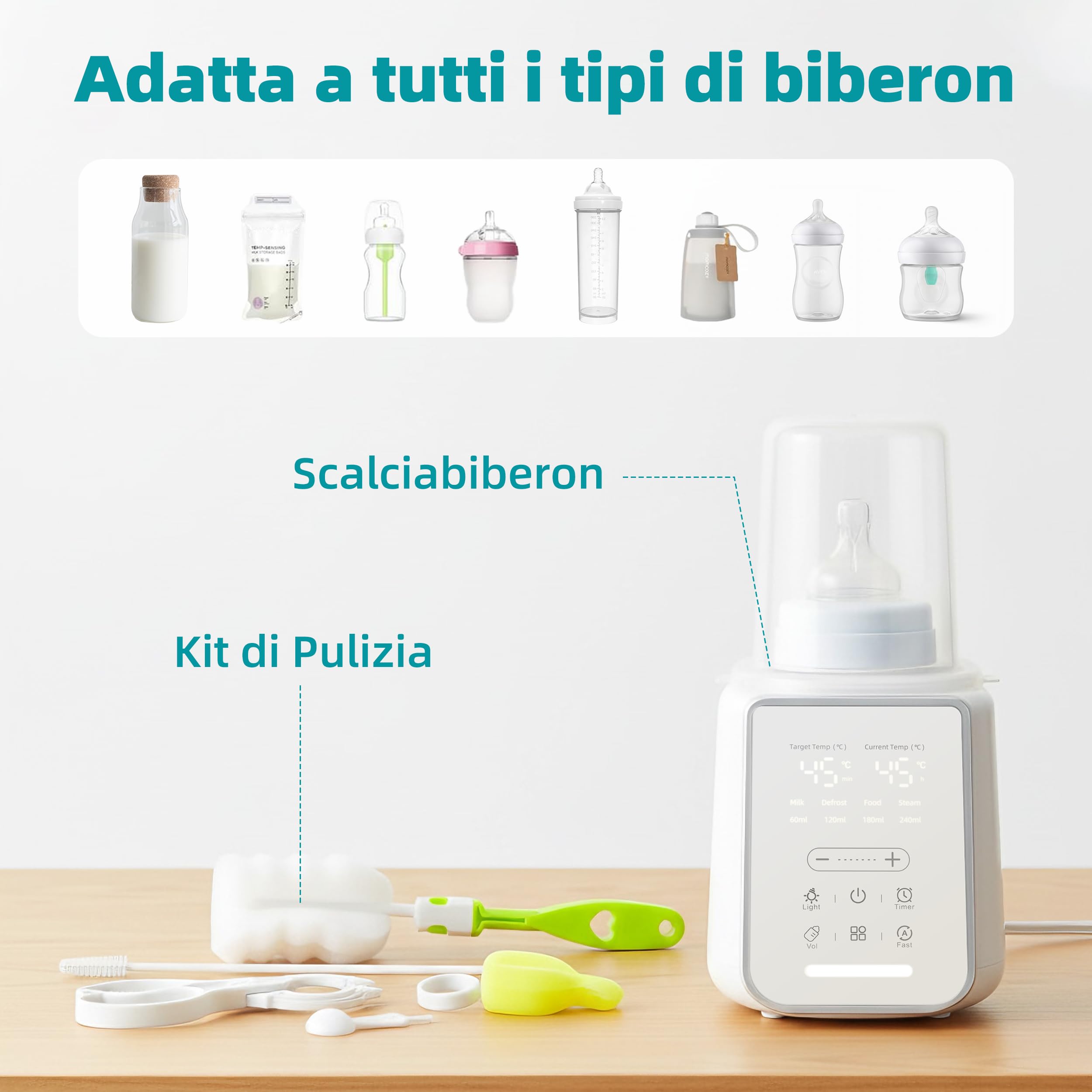 Scaldabiberon 8-in-1 con Controllo Temperatura Intelligente, per Latte Materno e Formula, con Funzione Sterilizzazione, Protezione da Surriscaldamento e Mantenimento della Temperatura Costante