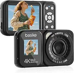 Basike Câmera Fotográfica Digital 4K UHD 64MP, Zoom 18X, Foco Automático e Efeitos Criativos, Vídeo Nítido, para Jovens, Aventuras e Uso Diário, Portátil, Resistente e Fácil – Preto