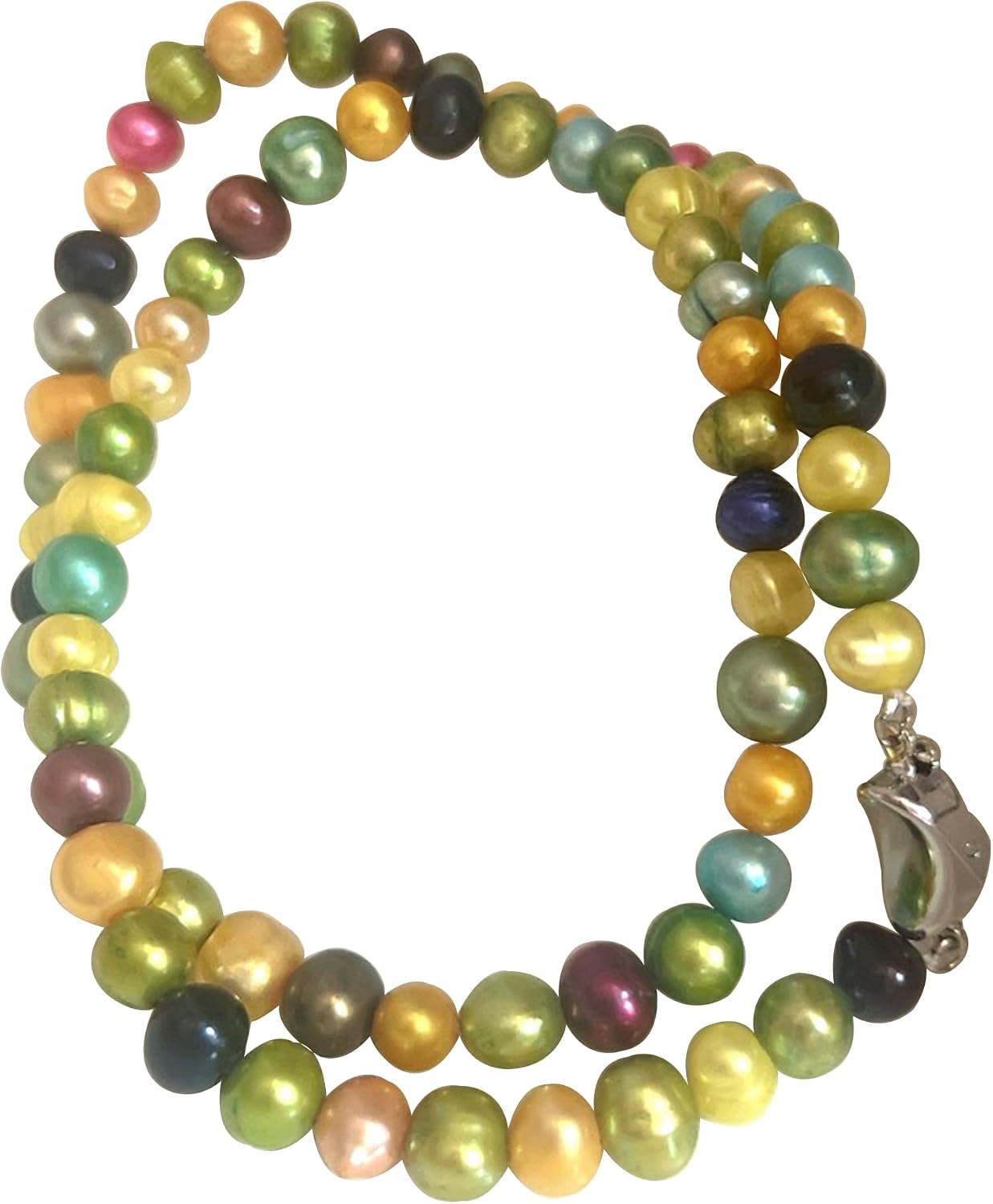 A colorful cultured pearl necklace, equipped with a guanbao-shaped clasp. The design features freshwater pearls of varying sizes, with diameters ranging from 5 to 6 millimeters (0.2 to 0.23 inches).