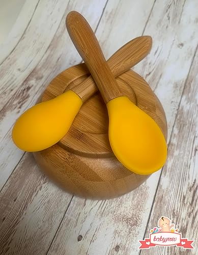 Miniatura 6 de Cucharas de bambú para bebés de 5.5 pulgadas con punta de silicona sin BPA, cucharas de comida para niños pequeños, color amarillo, paquete de 2