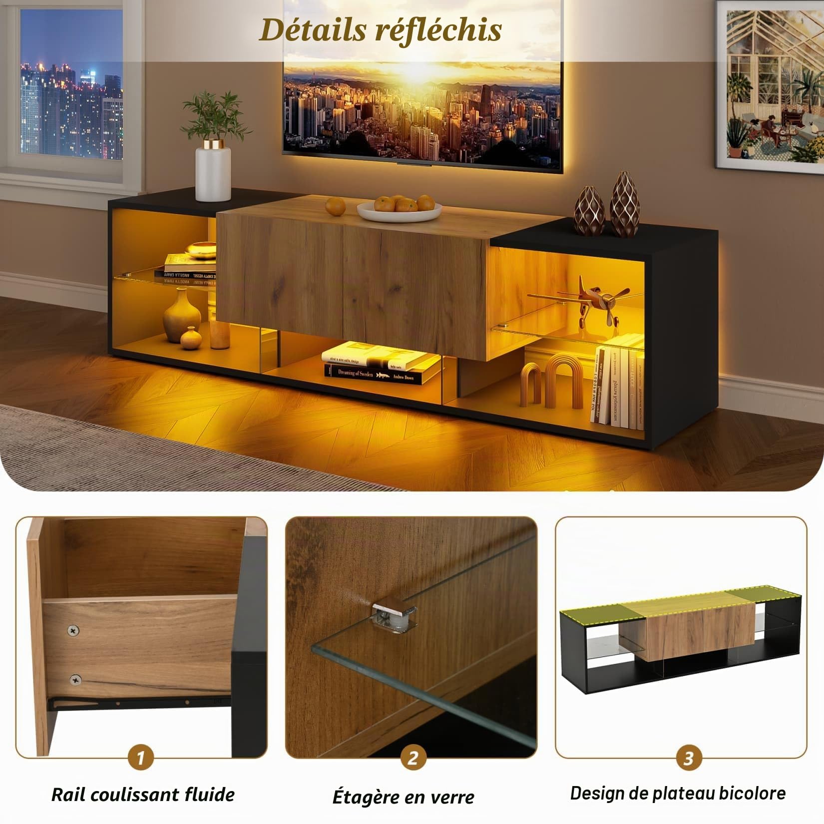 Meuble TV 160x40x42cm,Meuble Tele avec éclairage LED Réglable,2 Grands Tiroirs,Étagères en Verre,pour Téléviseurs D'environ 70 Pouces (A-Noir, A)