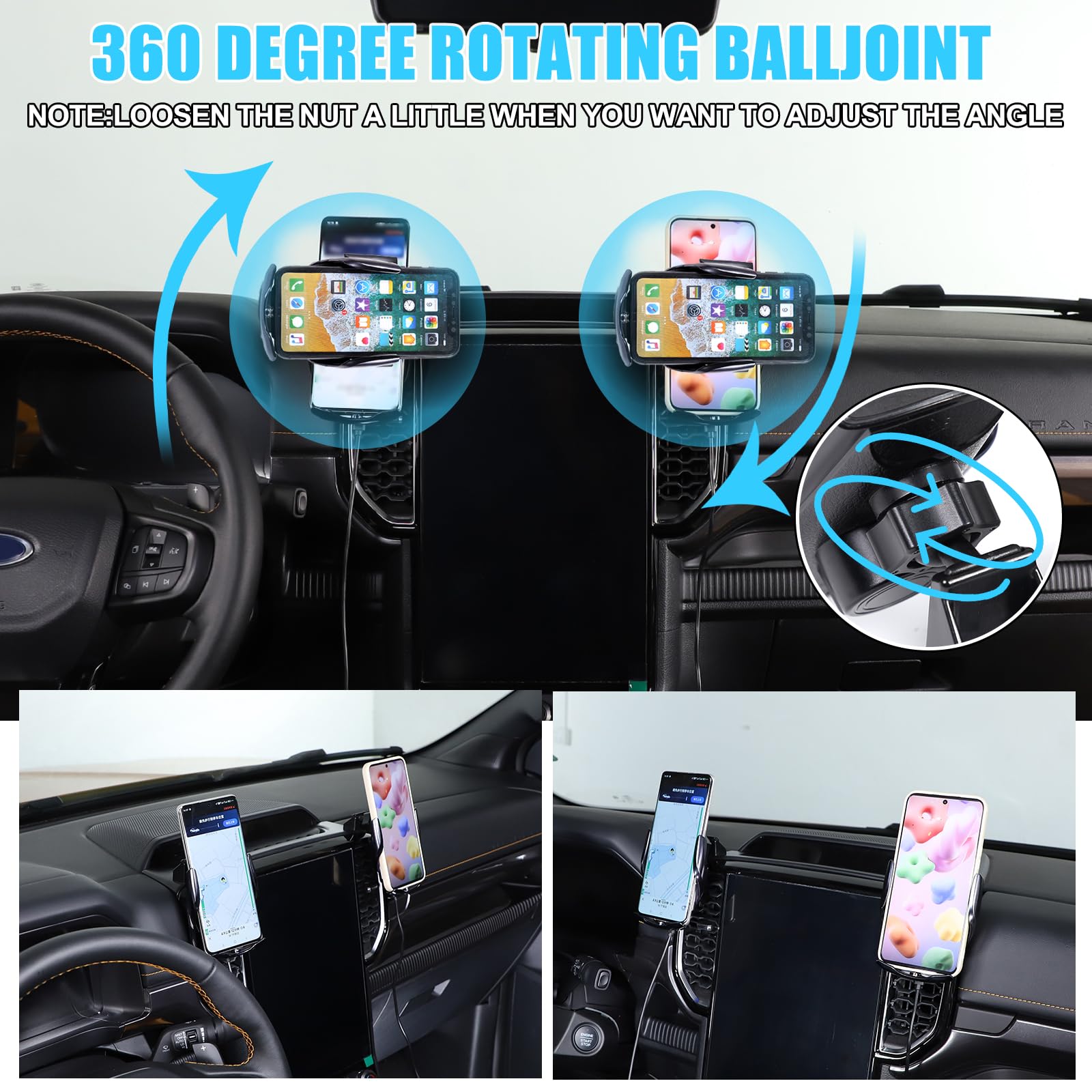 METYOUCAR Soporte de teléfono de coche para Ford Ranger 2023-2025, centro de ventilación de aire izquierdo y derecho, soporte fijo giratorio para teléfono móvil para coche, apto para iPhone, Android y