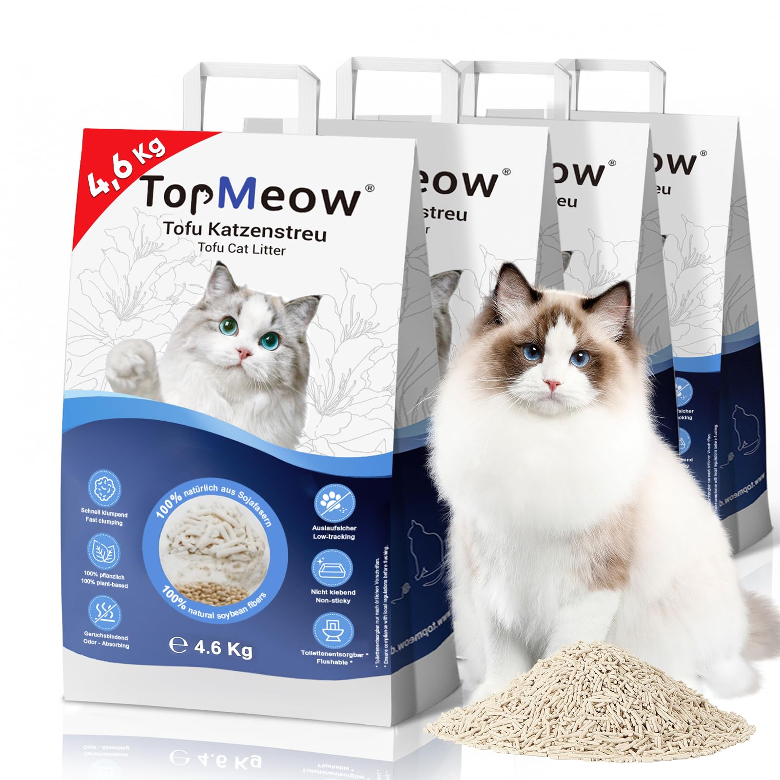 Tofu Katzenstreu 18,4 kg, 100% pflanzliche Klumpstreu | Erbsenfaser & Maisstärke, Staubarm, spülbar, Geruchsbindung bis 72 h, 4x4,6 kg, ohne Duftstoffefür Kitten & sensible Katzen