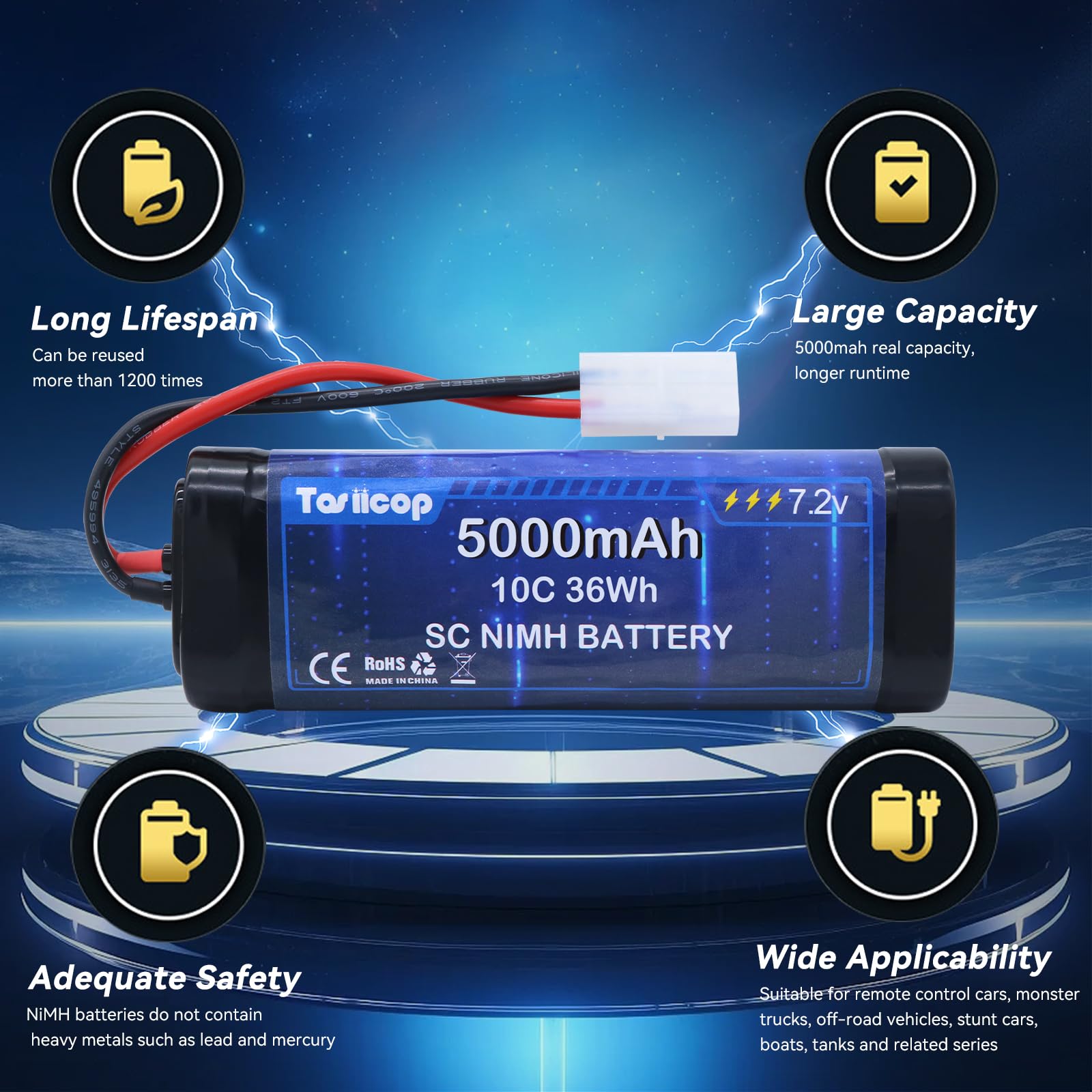 Batteria per auto radiocomandata da 7,2 V 5000 mAh, batterie ricaricabili NiMH da 7,2 Volt con connettore Tamiya, per telecomando auto, Monster Truck, Buggy, Truggy, Barca, Serbatoio e