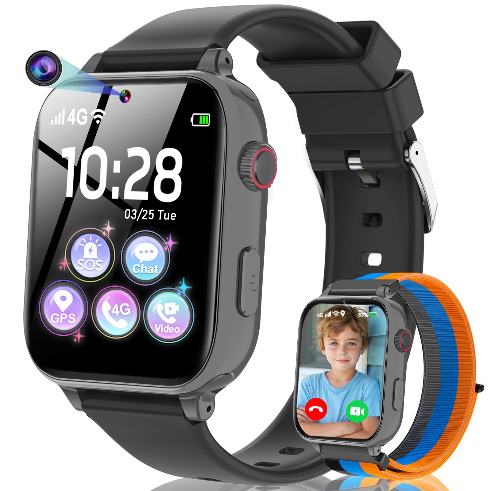 4G Children's Smartwatch, Children's Smartwatch with GPS and Phone, Video Calls, Voice Chat, SOS, School Mode, Alarm Clock, Games, Pedometer, Smart Watch Boys Girls 5 to 16 Years Gift, Black