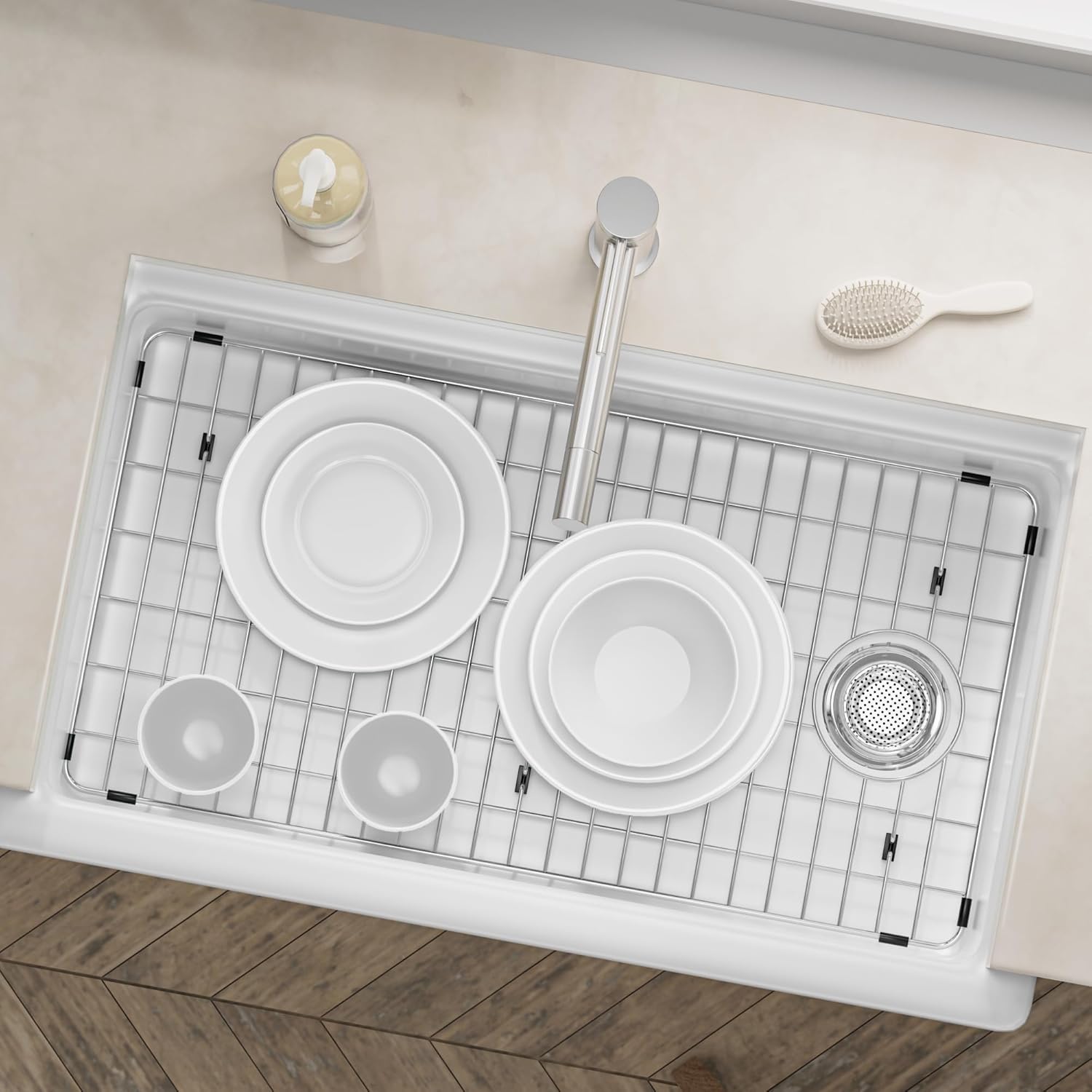 Large Sink Protector for Kitchen Sink,Stainless Steel Sink Rack 28.8" X 14.8",Sink Grate with Side Drain(Left or Right Both OK),Metal Sink Grid for Bottom of Sink for Single Bowl,1 Pack