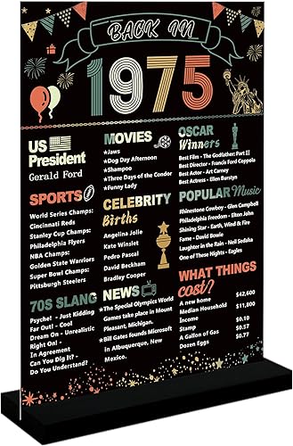 DARUNAXY Decoraciones de fiesta de cumpleaños número 50, póster colorido vintage de 1975 con soporte, suministros de fiesta de 50 años para hombres