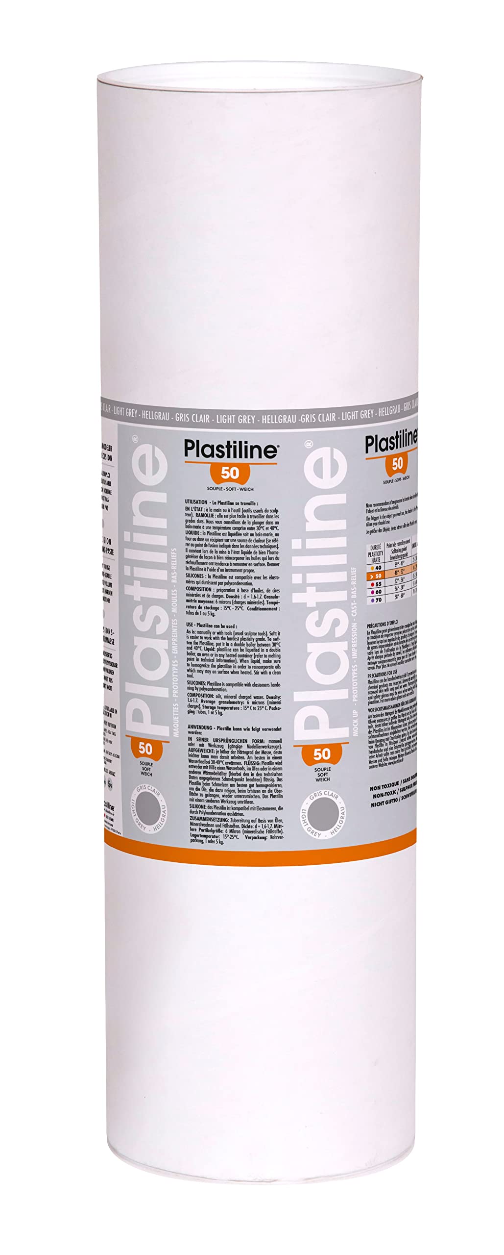 Plastiline 10650T - Tubo di Plastiline - Pasta modellabile, alta precisione - Modellare, scolpire, plasmare - durezza 50 (morbida) - 10 kg - Colore Grigio chiaro. Prodotto in Francia