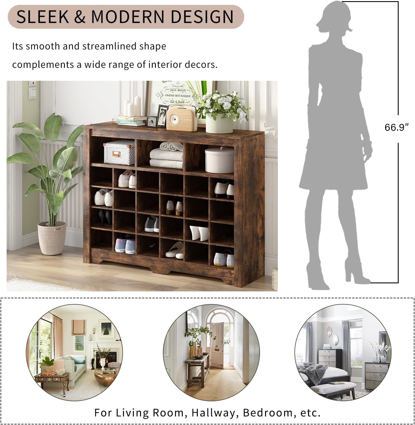 Merax Sleek Design 24 Shoe Cubby Console, Modern Storage Cabinet with Curved Base, Versatile Sideboard for Hallway, Bedroom, Living Room, Rustic Brown