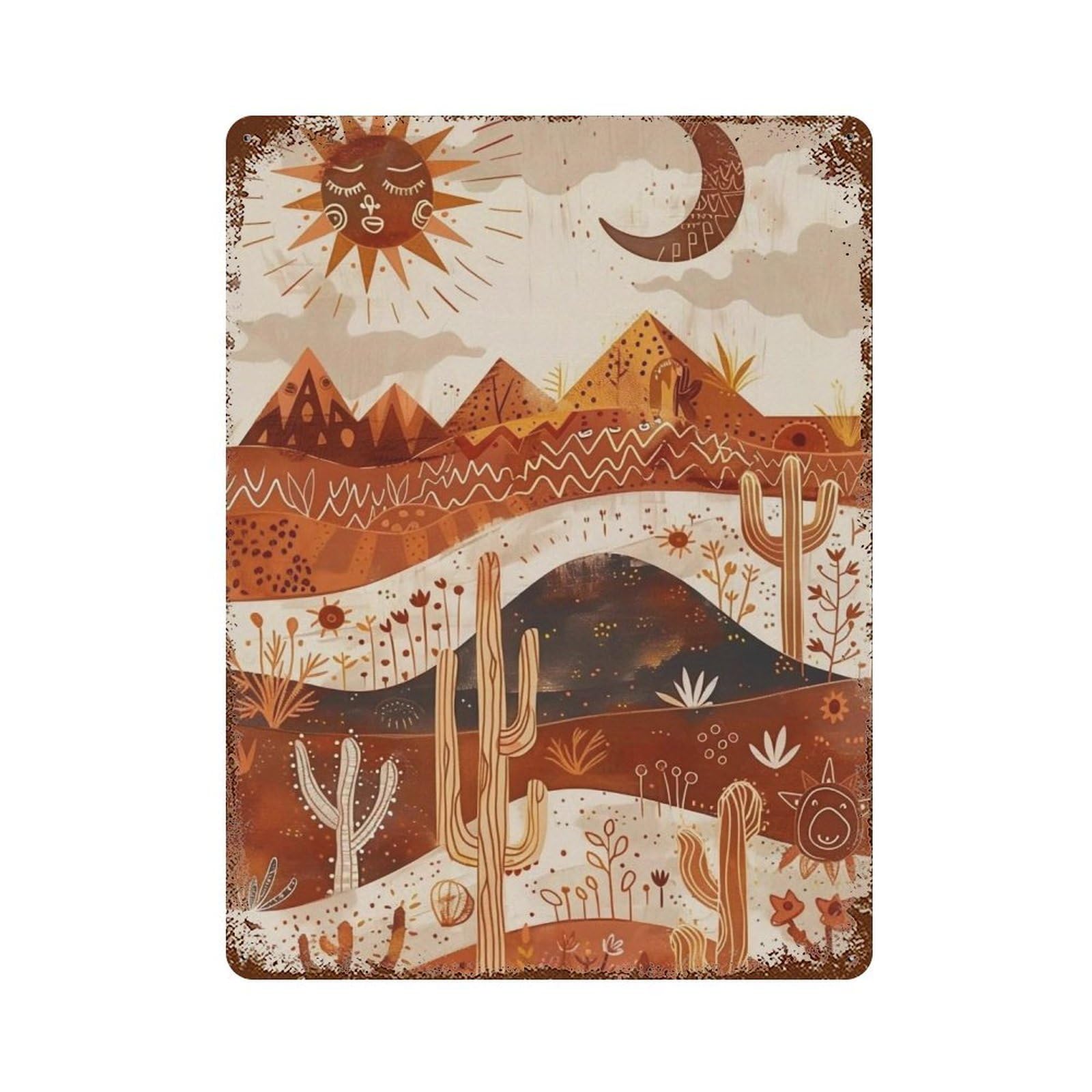 WUJHGRSG Earth Tone Folk Pattern Arid Mountain Cactus Motif 01 Wall Art Retro Iron Vintage Metal Tin Sign Poster Modern Decor for Home Cofffee Club Bar Shop Style 40x30cm