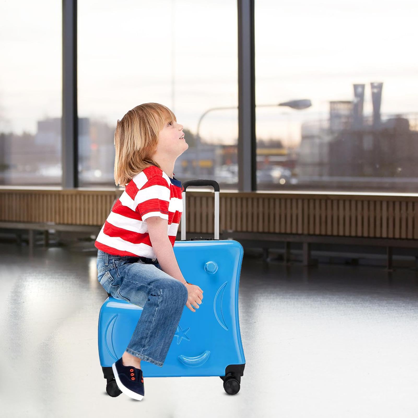 Kids Ride- Suitcase | 3-cyfrowy zamek kó?kach | 20 podró?y z pasami do siedzenia, peda?ami, uchwytami i cichymi ko?ami | Ride- Luggage for Boys & Girls, Lake Blue, riferimento alla