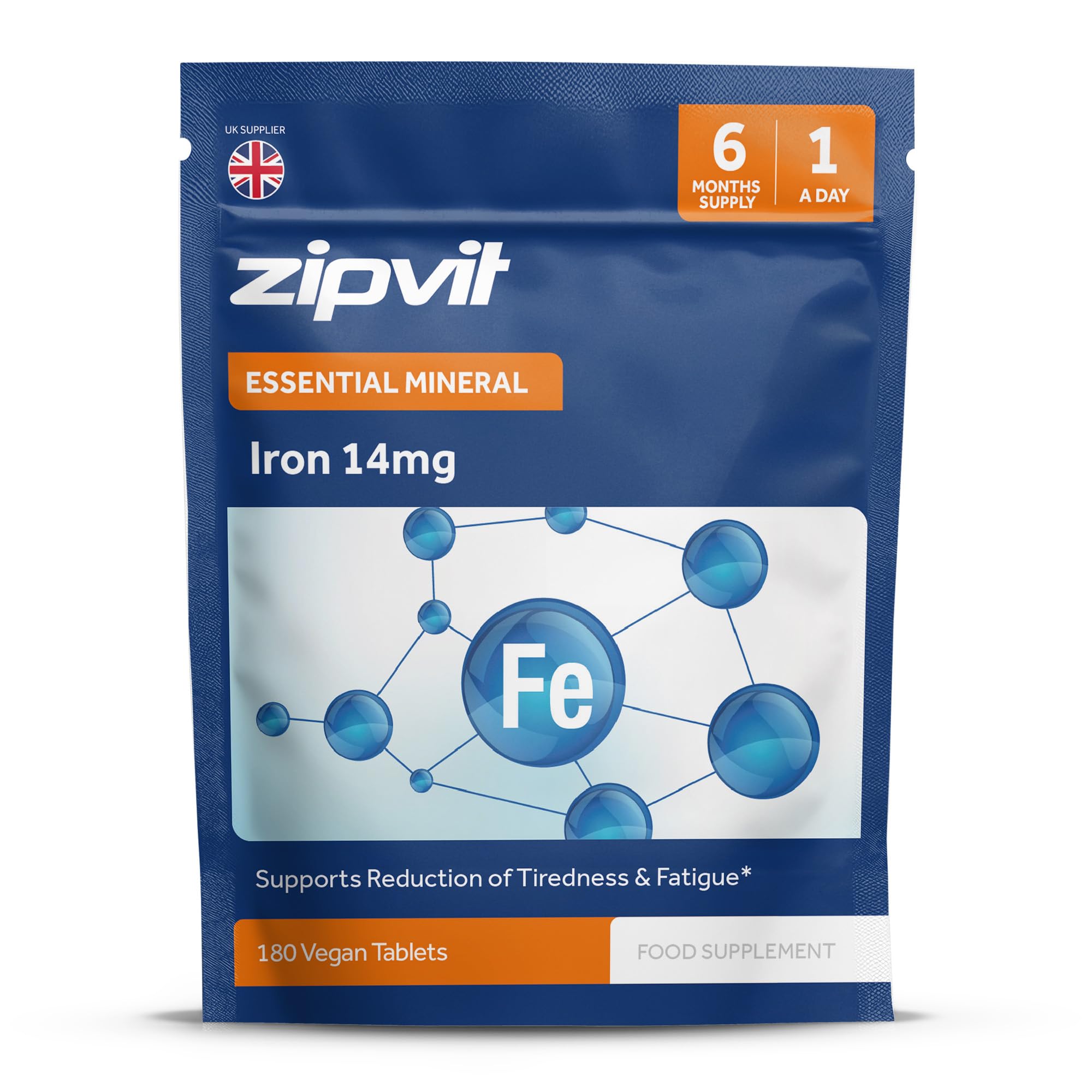 Zipvit Iron Tablets 14mg Pouch, High Strength Ferrous Fumarate, 180 Vegan Tablets, Supports Cognitive Function & Immune System, Reduces Tiredness and Fatigue, Iron Supplements for Women and Men