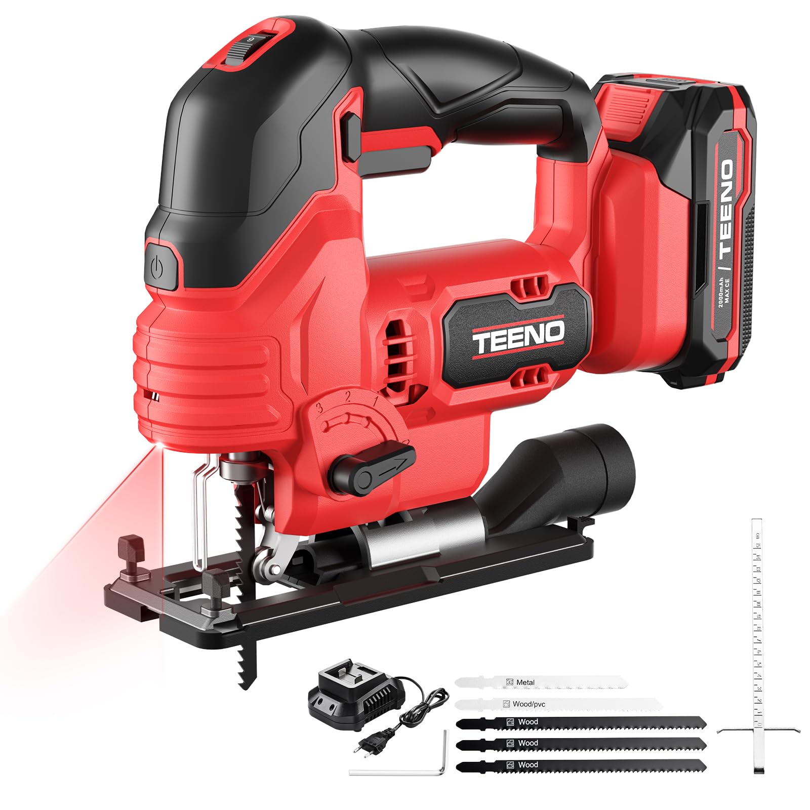 TEENO Sierra de Calar inalámbrica para Batería Makita de 20V, Caladora con Láser 800-3000 SPM Con 5 cuchillas, Corte ± 45°, 6 VELOCIDADES,LED, Cortar Metal, Madera, Plástico(una batería, 2.0 AH)