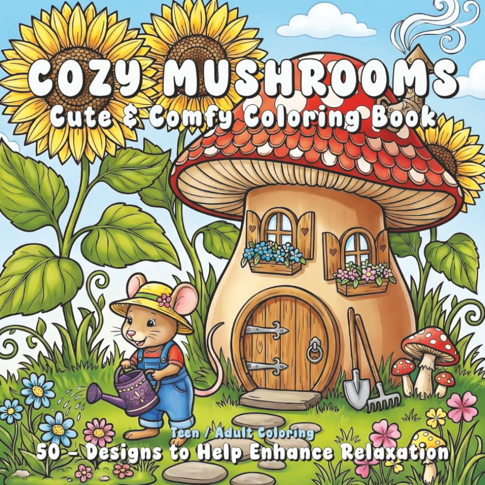 Cozy Mushrooms Cute & Comfy Coloring Book: 50 - Designs to Help Enhance Relaxation