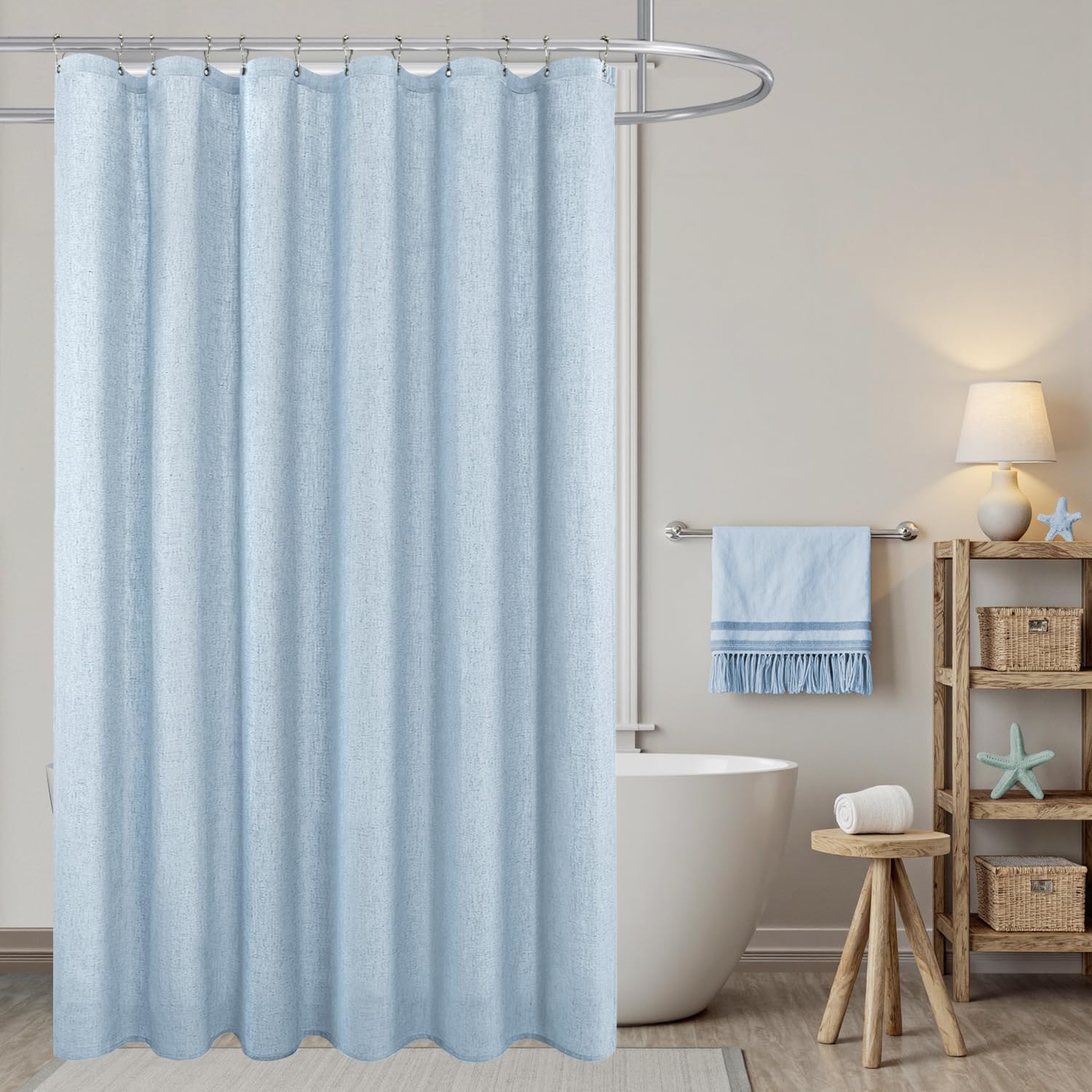 KOUFALL Light Blue Shower Curtain for Bathroom,Summer Beach Themed Beachy Room Decor Coastal Linen Shower Curtain Set with Hooks,72 Inch,Baby Sky Blue