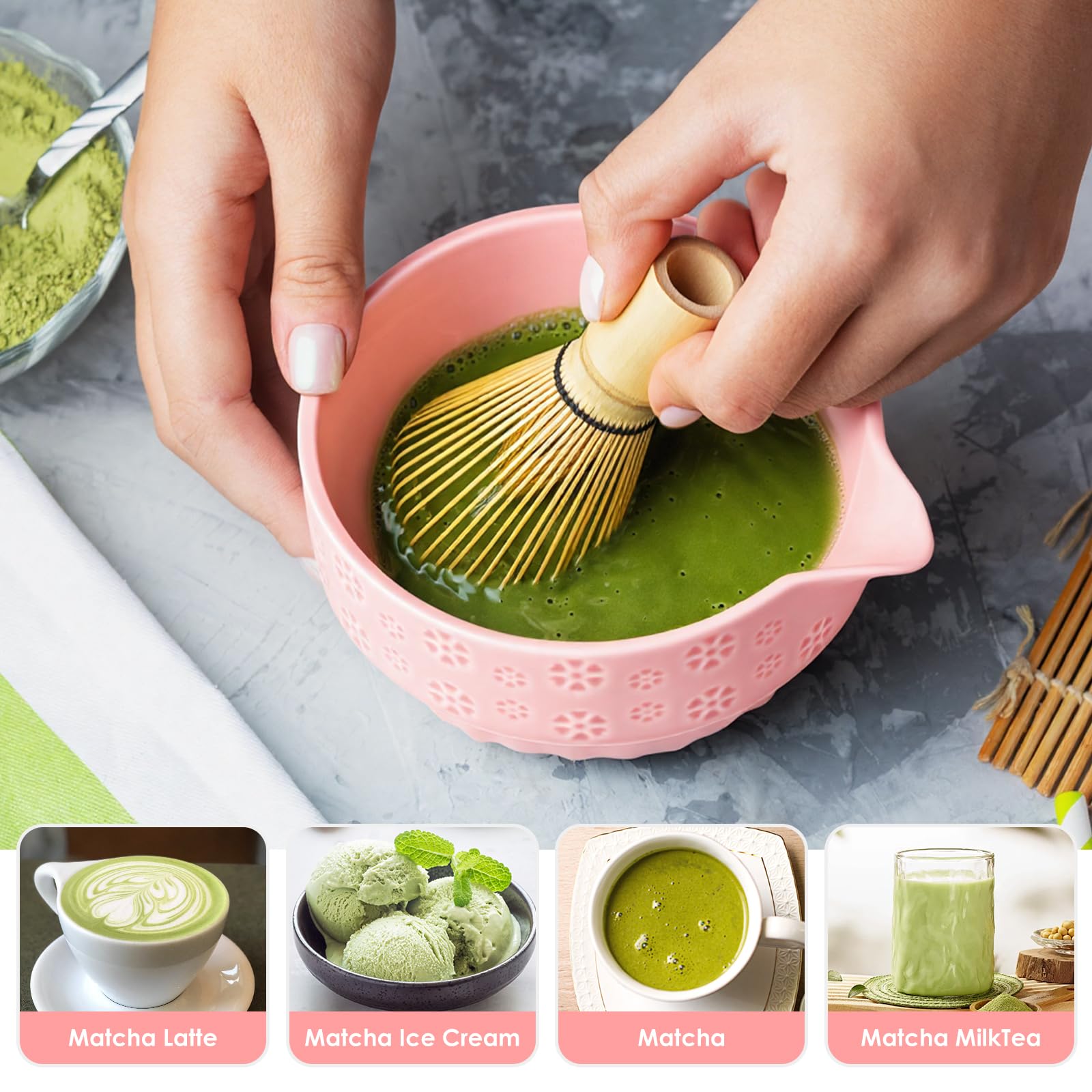 5-teiliges Matcha-Set, japanisches Teeservice, Matcha-Schüssel aus Bambus (Chasen), Löffel (Chashaku), Matcha-Scheibenhalter, Edelstahl-Sieb (Rosa mit Ausguss)