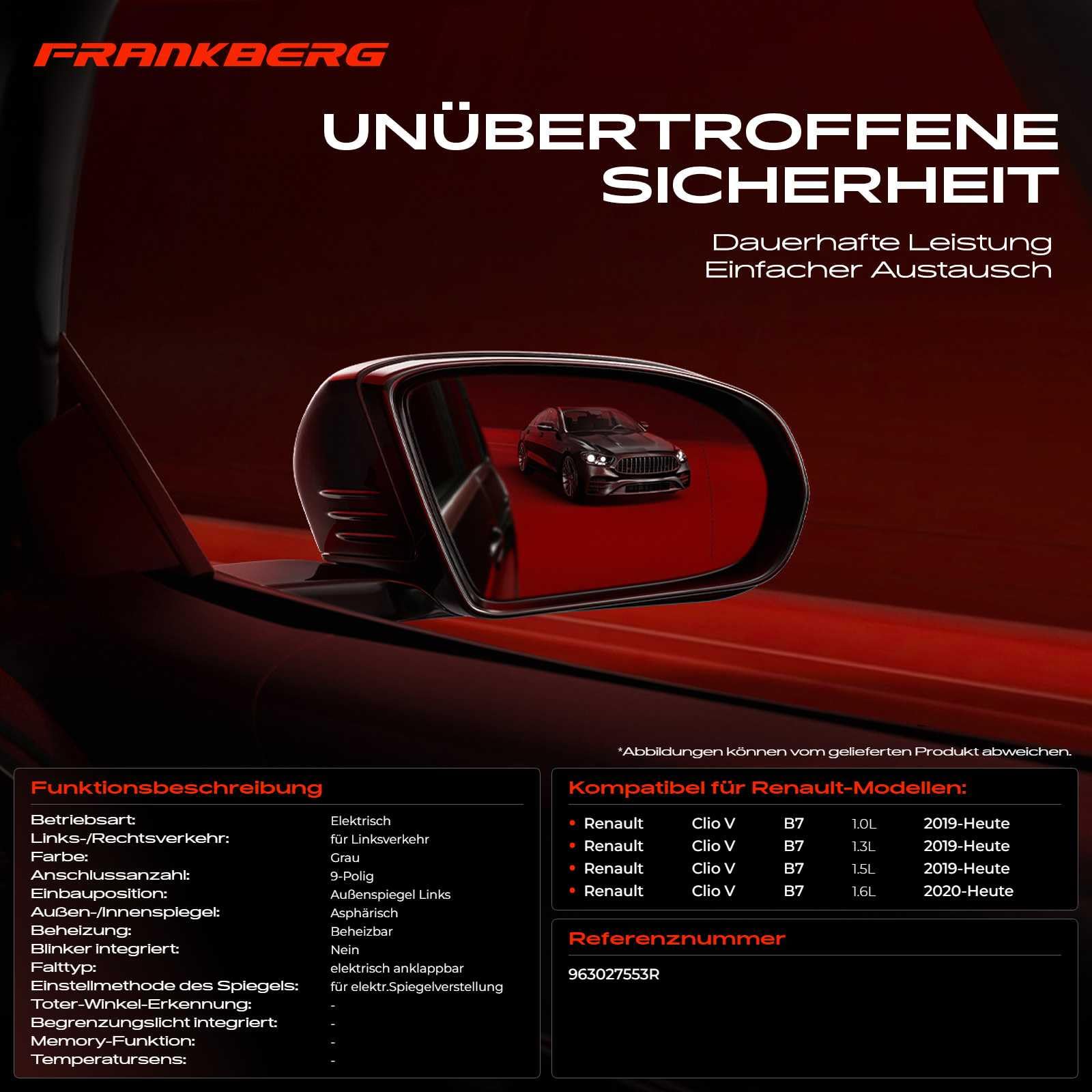 Frankberg Specchietto retrovisore esterno elettrico sinistro 9 Poli | Riscaldato, &-sensore di temperatura, &-Luce lampeggiante; 963027553R; Compatibile con: Clio V B7, Clio V BF