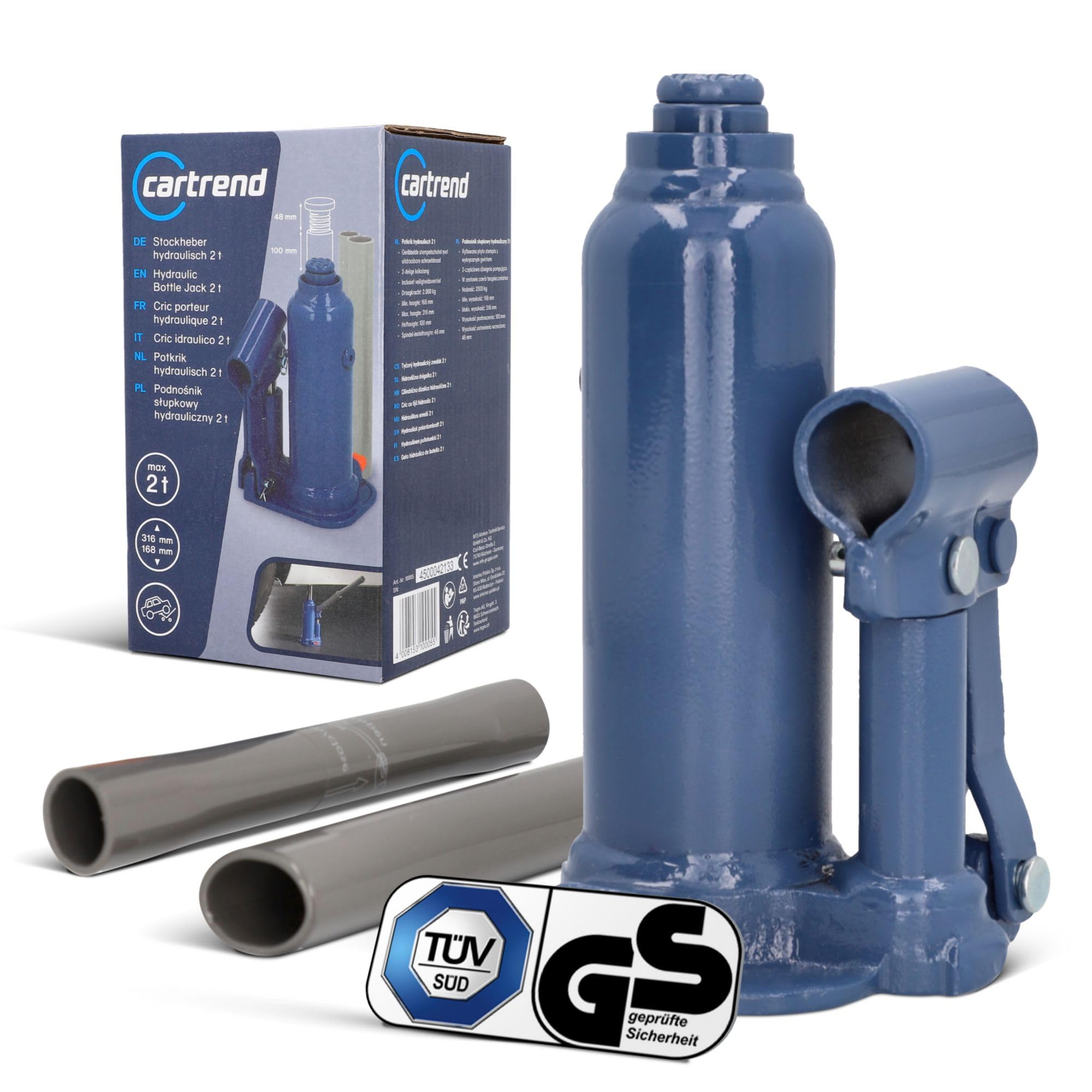 cartrend hydraulischer Wagenheber, Stockwagenheber, Stempel-Wagenheber, Tragkraft bis 2000 kg, gefertigt aus Qualitätsstahl