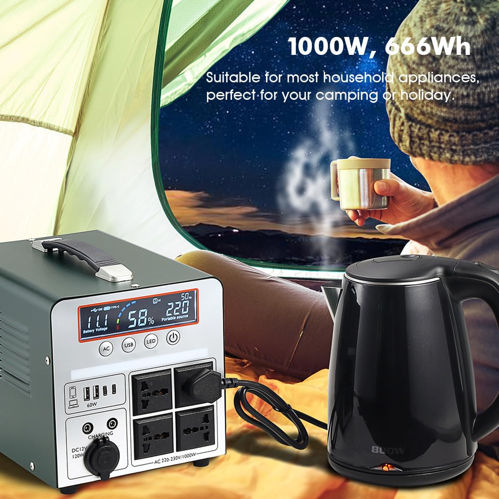 Batteria di riserva portatile ricaricabile da 1000 W/666 Wh, per campeggio, roulotte, droni, pronto soccorso e illuminazione esterna, con 4 uscite AC