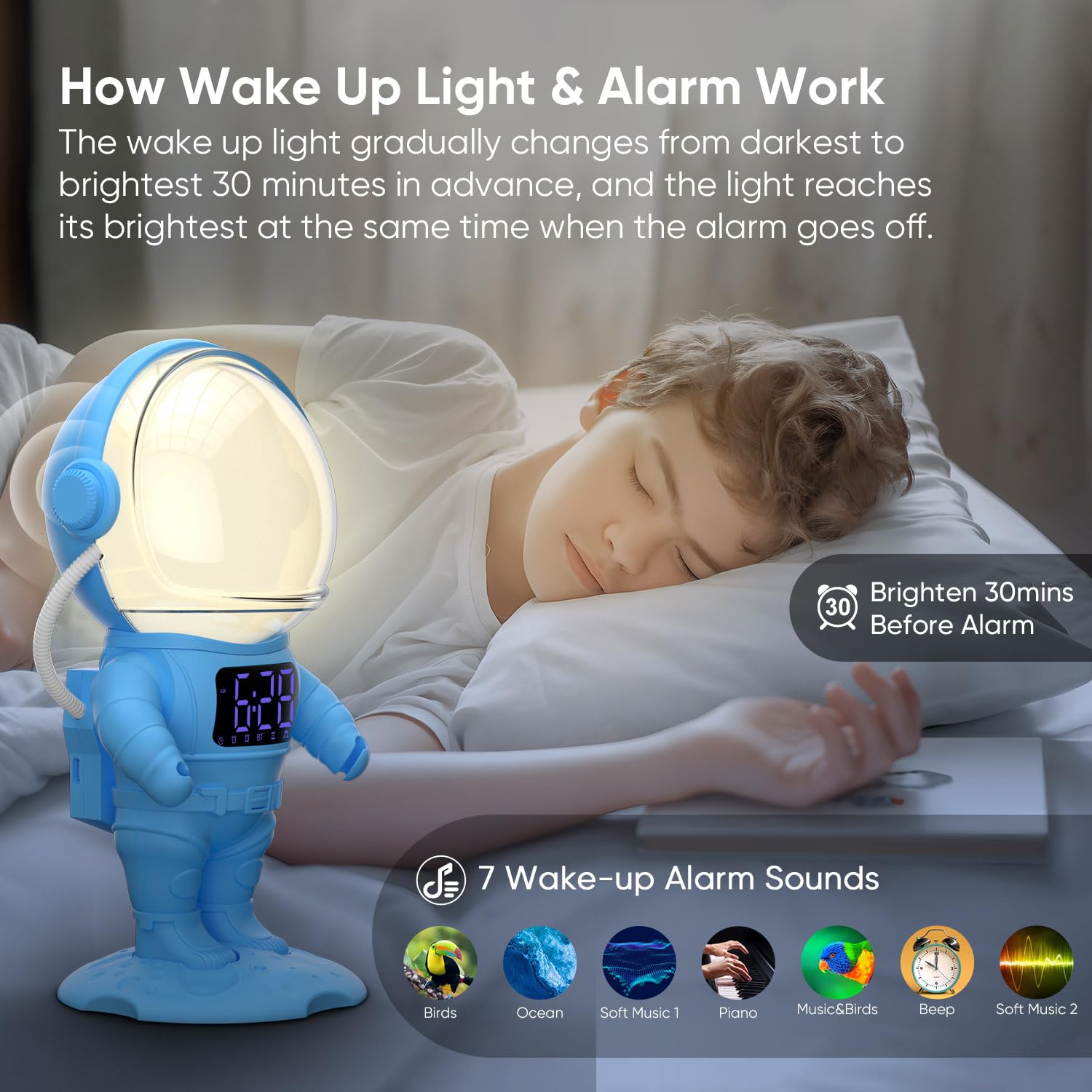 AFEXOA Budzik dla dzieci, budzik świetlny z 7 dzwonkami, drzemką, 21 kojącymi dźwiękami i timerem, budzik głośnikowy Bluetooth, wielokolorowa lampka nocna, prezent dla dziecka/chłopca/dziewczynki