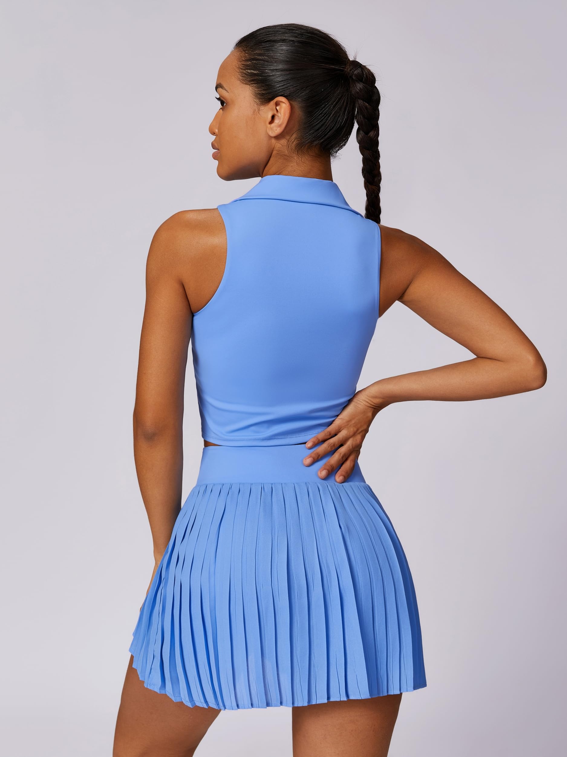 ABEHIK Women's 2 Piece Tennis Dress High Waisted Pleated Tennis Skirt Sets Sleeveless Racerback Padded Crop Top Summer Golf Workout Tennis Athletic Yoga Outfits with Pockets Blue S