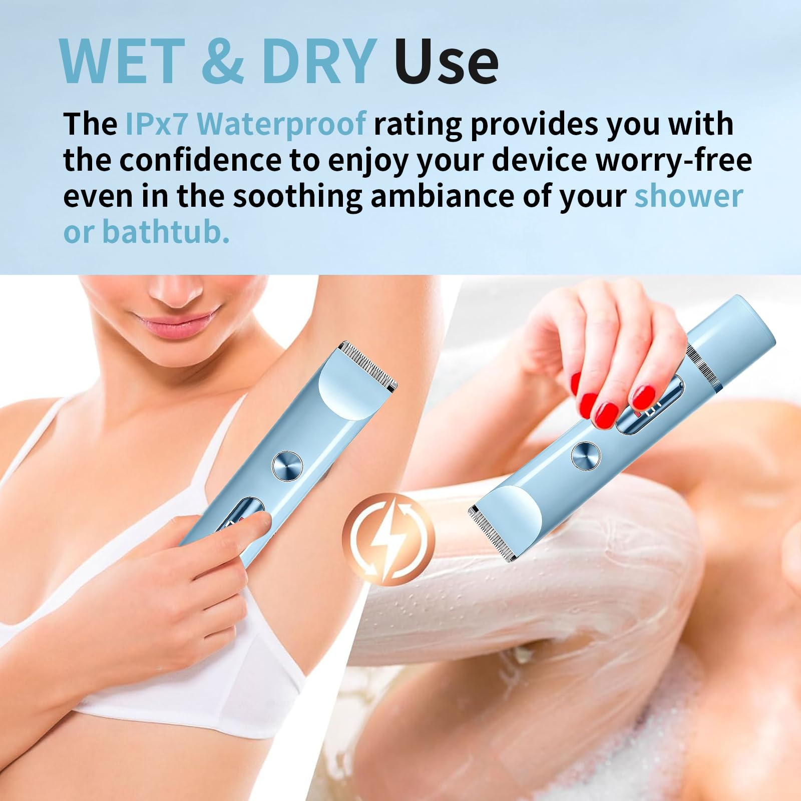 Rasoio Elettrico da Donna 2 in 1, IPX7 impermeabile per uso bagnato e asciutto, Depilatore Corpo Donna, Bikini Trimmer Senza Fili per Gambe Braccia Ascelle e Zona Bikini, Viso e Corpo (Blu)