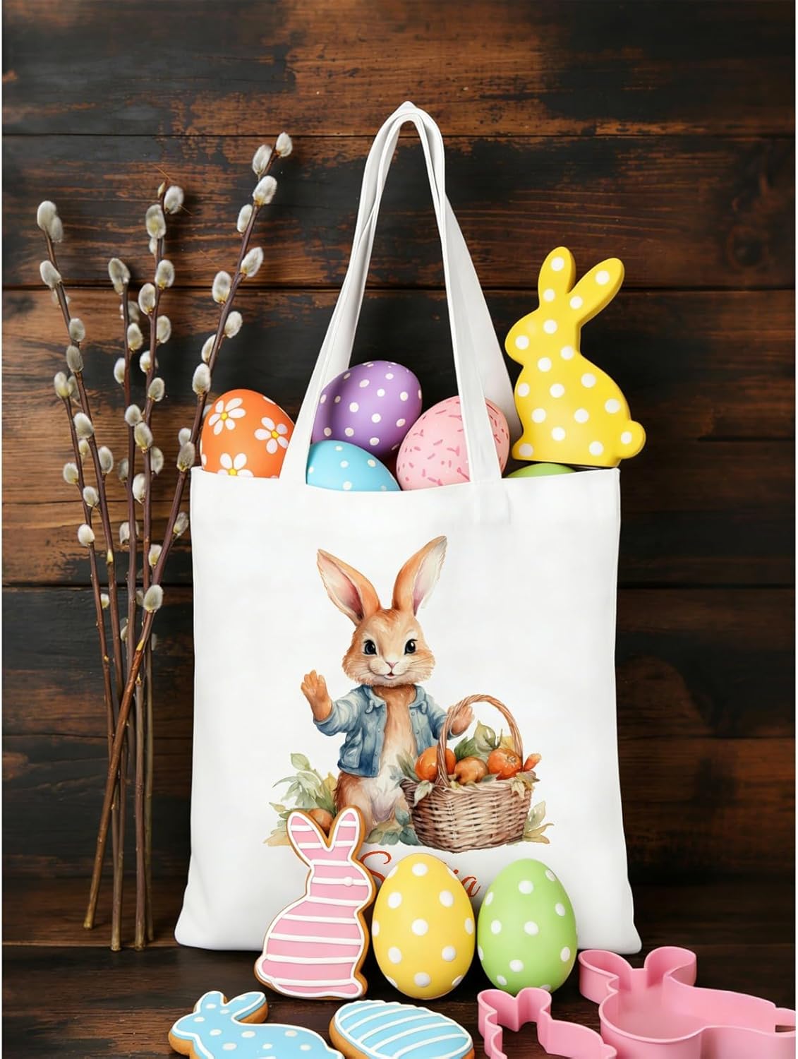 Custom Easter Canvas Tote Bags, Bunny Treat Easter Egg Hunt Bag with Personalized Name for Girls Boys - Image 3