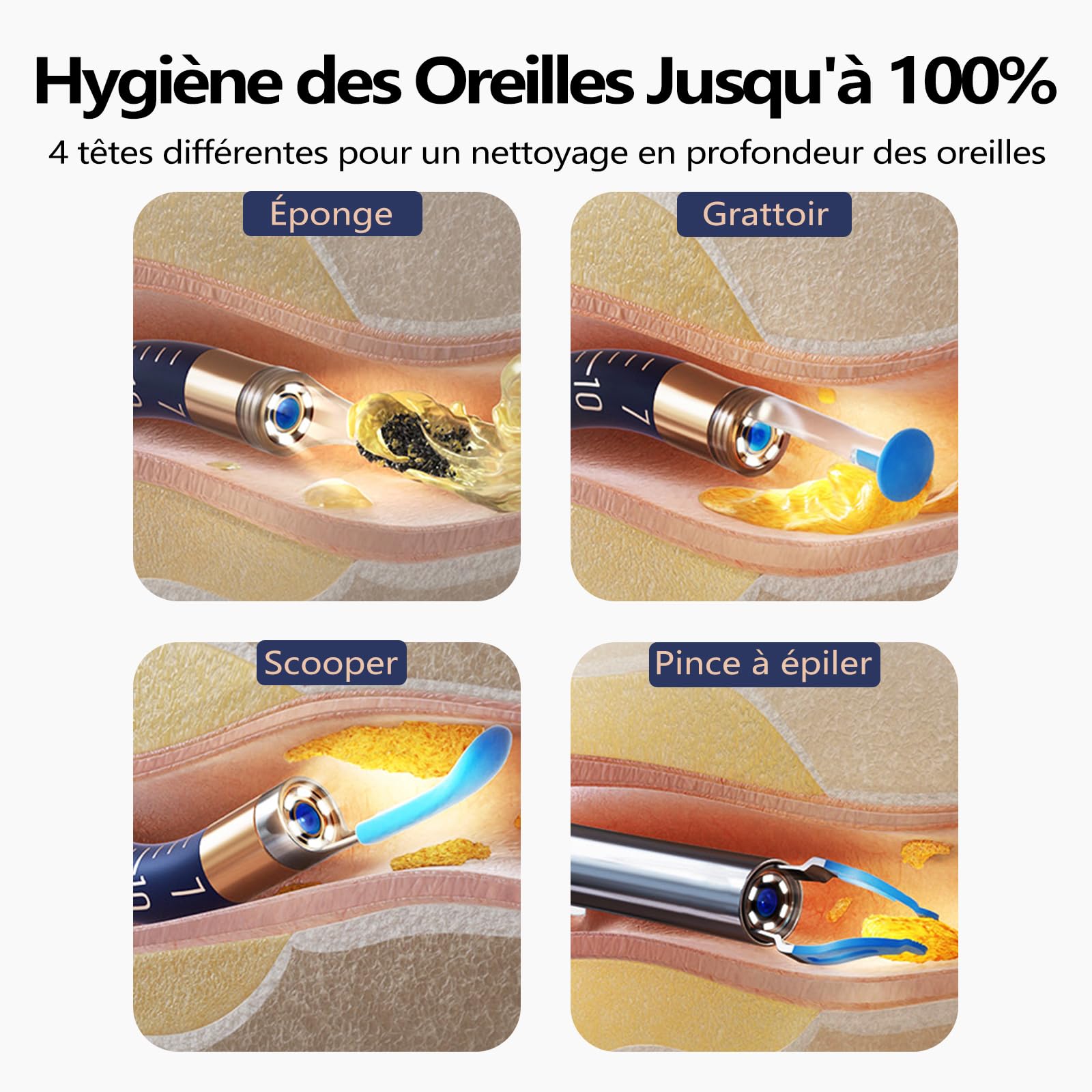 Otoscope Sans Fil Flexible, Kit de Nettoyage D'oreilles Portable Pour Adultes/Enfants (Bleu givré, I35R-FR)