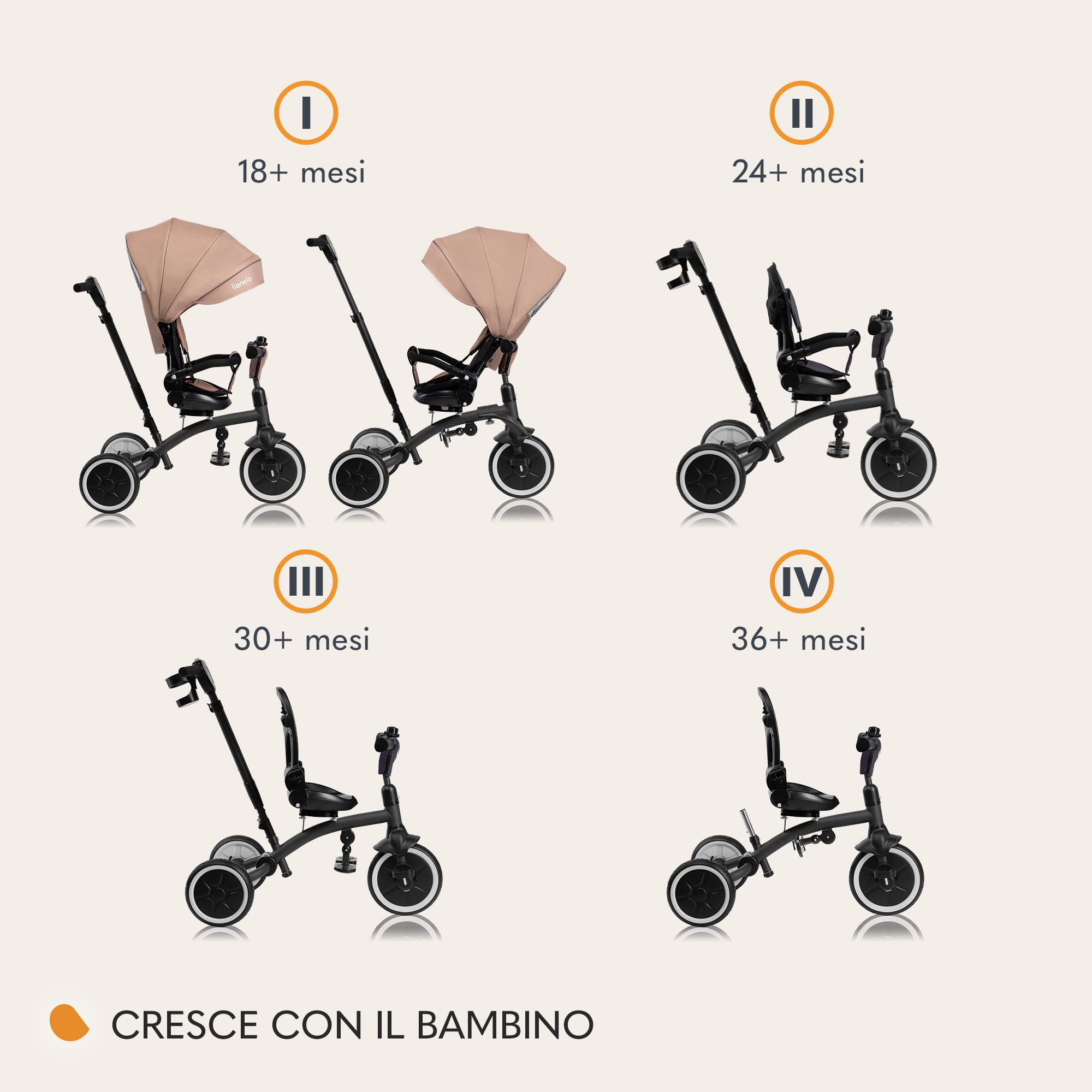 LIONELO Tris Plus Tricycle Multifonctionnel de 9 Mois à 5 Ans jusqu'à 25 kg, Poussette bébé, Grandes Roues en PU Siège Pivotant Dossier Réglable à360° Réglage Dossier sans Outils