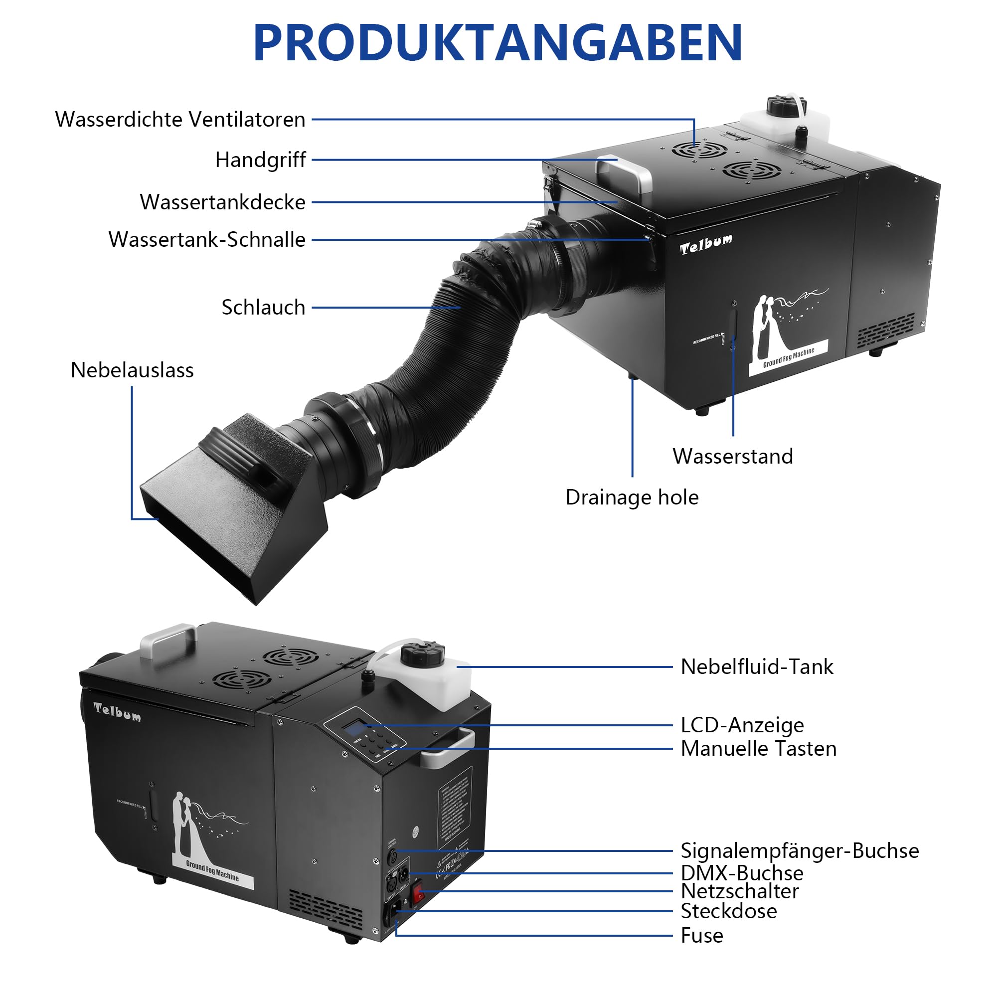 Telbum 1500W Boden Nebelmaschine mit Schlauch, Nebelmaschine Bodennebelmaschine mit Fernbedienung, DMX 512, Manuelle Steuerung, Timerfunktion, Rauchmaschine Fog Maschine für Halloween, Bühne, Hochzeit
