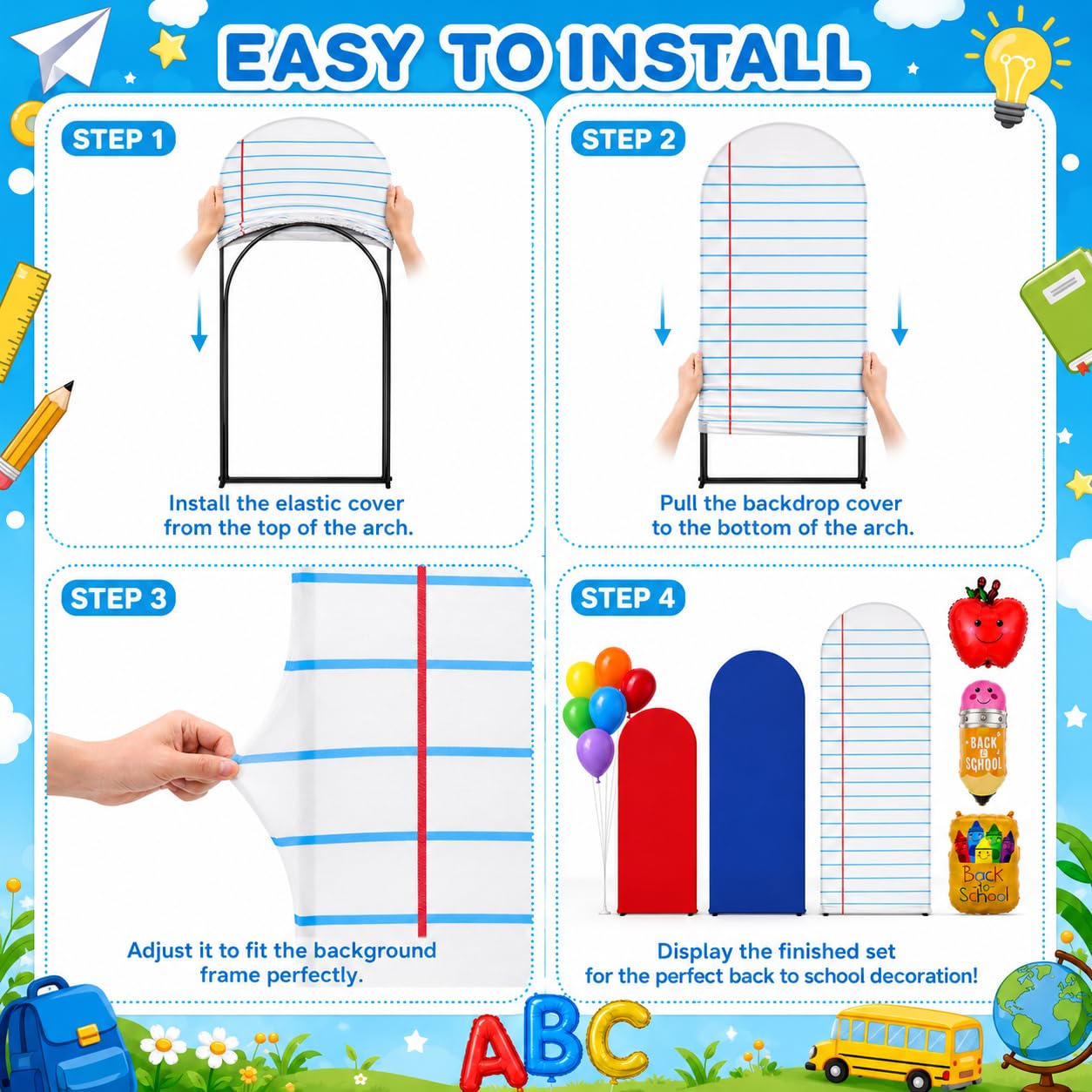 Cinrobiye Juego de 56 piezas de telón de fondo de arco de regreso a clases, composición de tela elástica, fundas de arco de cuaderno para marcos de 4 pies, 5 pies y 6 pies con 42 globos, decoración de
