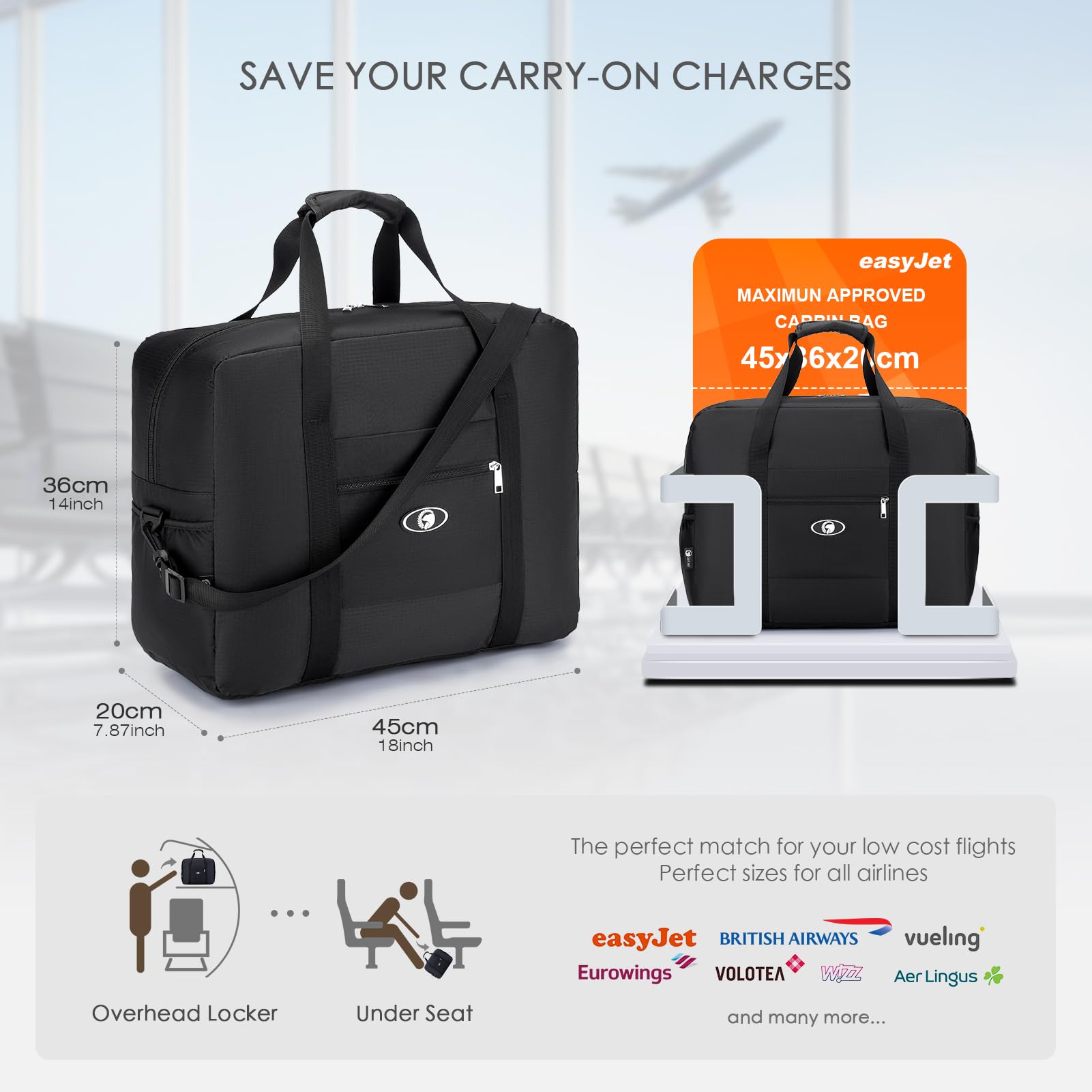 SPAHER Maleta Cabina Bolsas de Viaje Plegable 45 x 36 x 20 Easyjet Bolsos de Viaje Equipaje de Mano Bolsa de Cabina Maletas Viaje Bolsas para Viaje Bolso Maternidad Bolso Equipaje Fin de Semana 32L